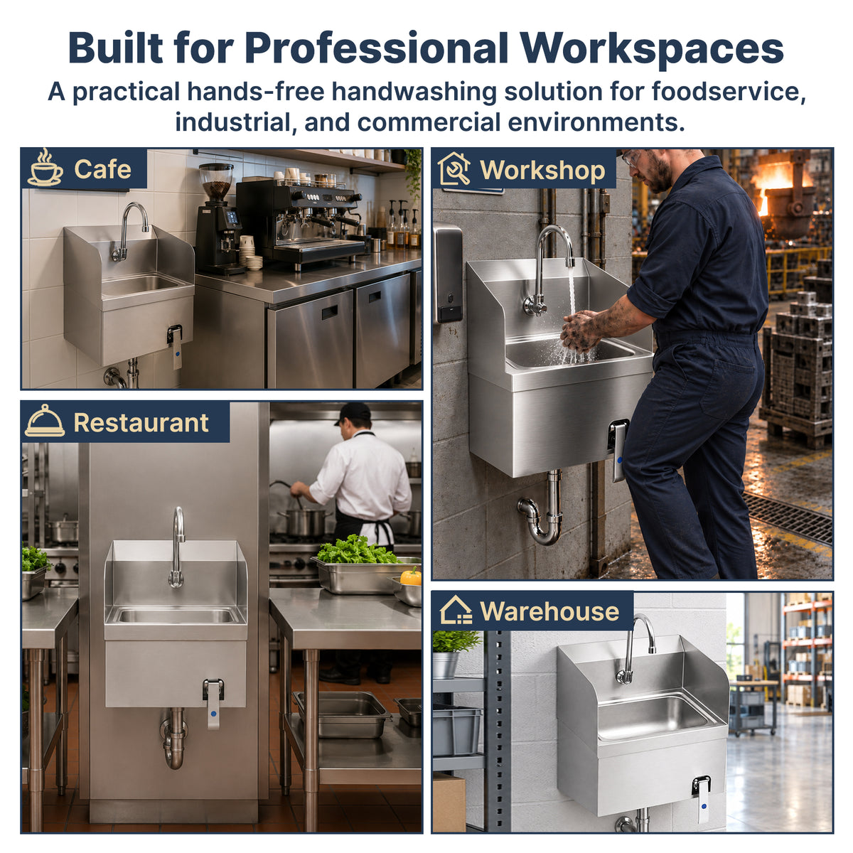 17" x 15" Wall Mounted Hands-Free Hand Sink with Knee Operated Valve and Side Splashes