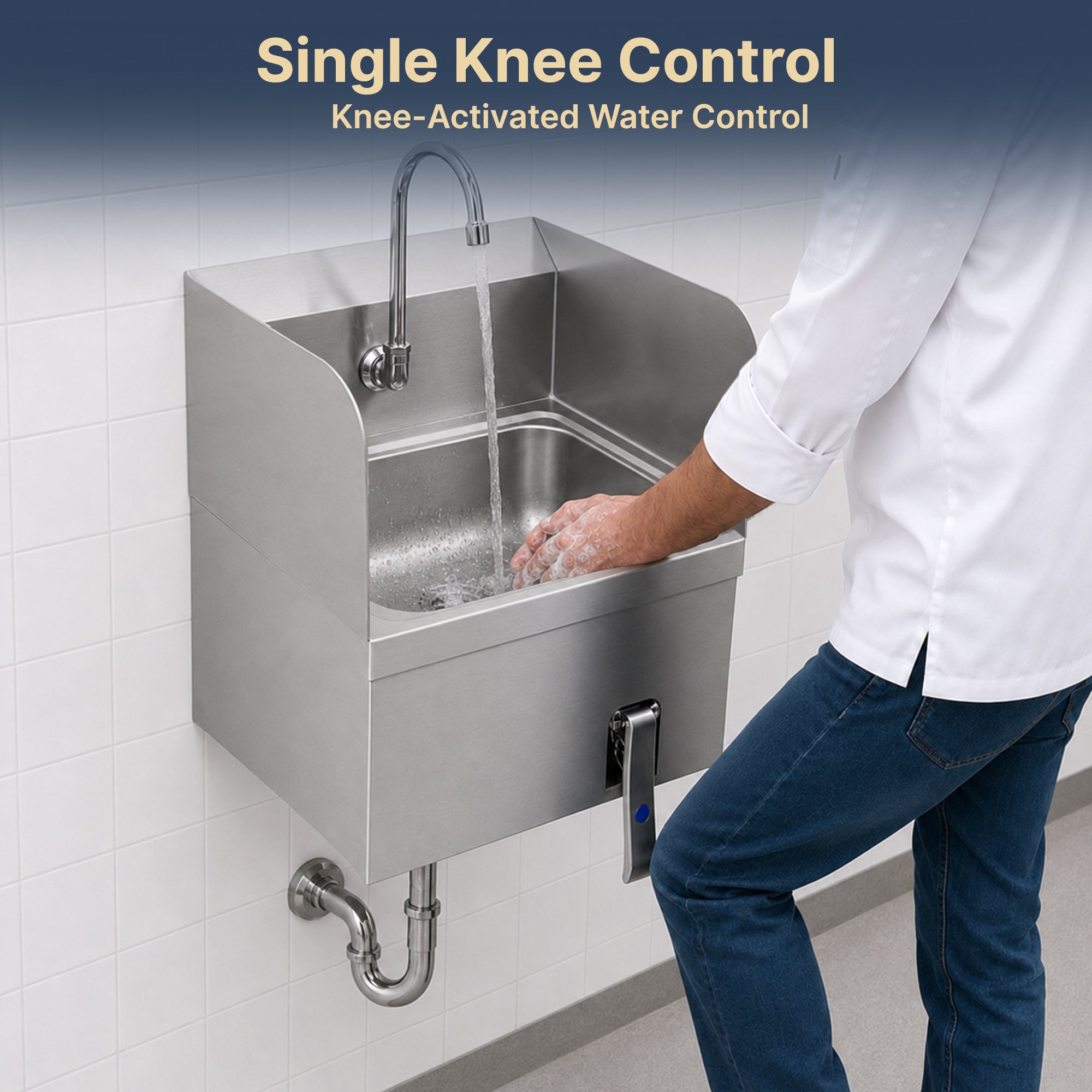 17" x 15" Wall Mounted Hands-Free Hand Sink with Knee Operated Valve and Side Splashes