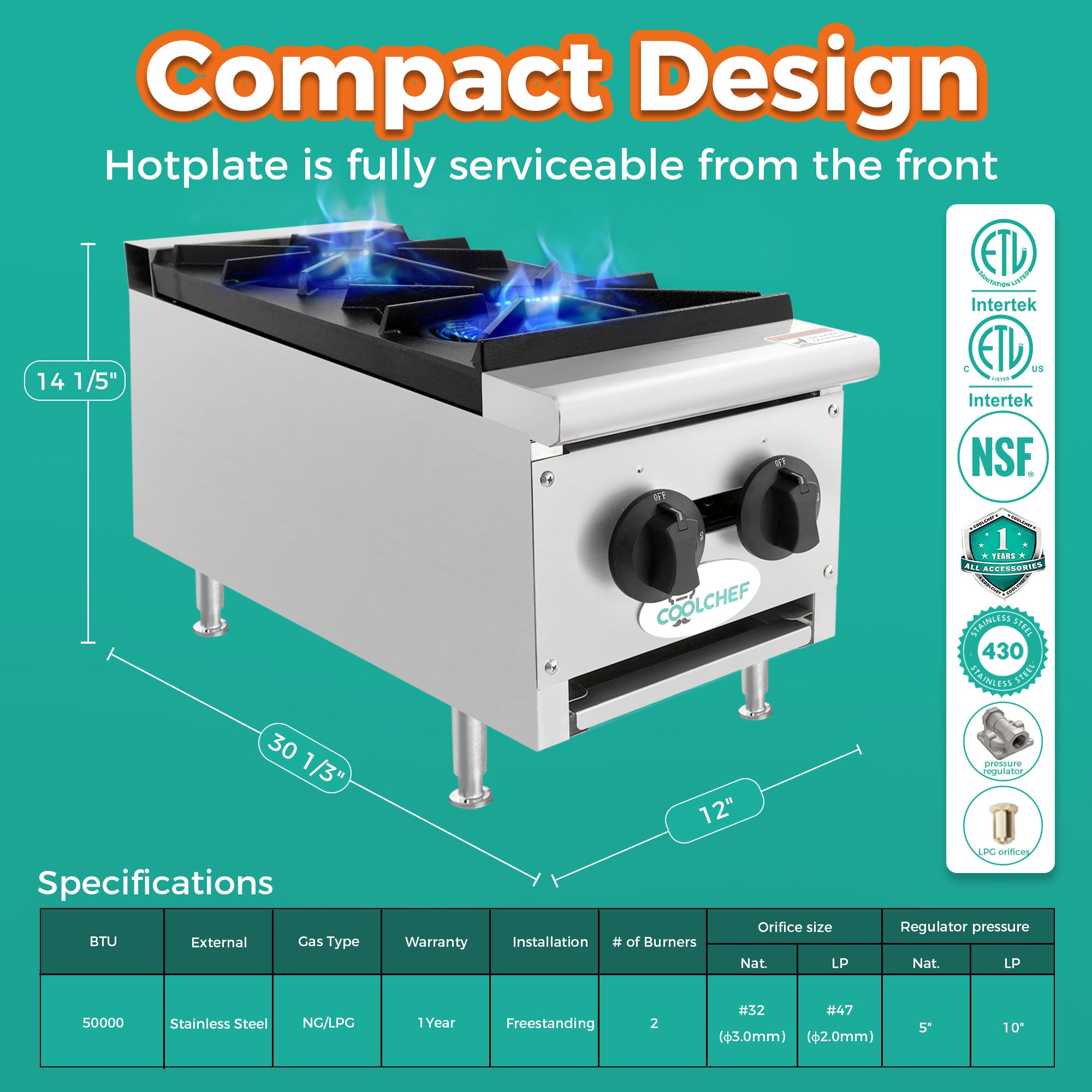 60,000 BTU Commercial Gas Hot Plate 2 Burner NG LP