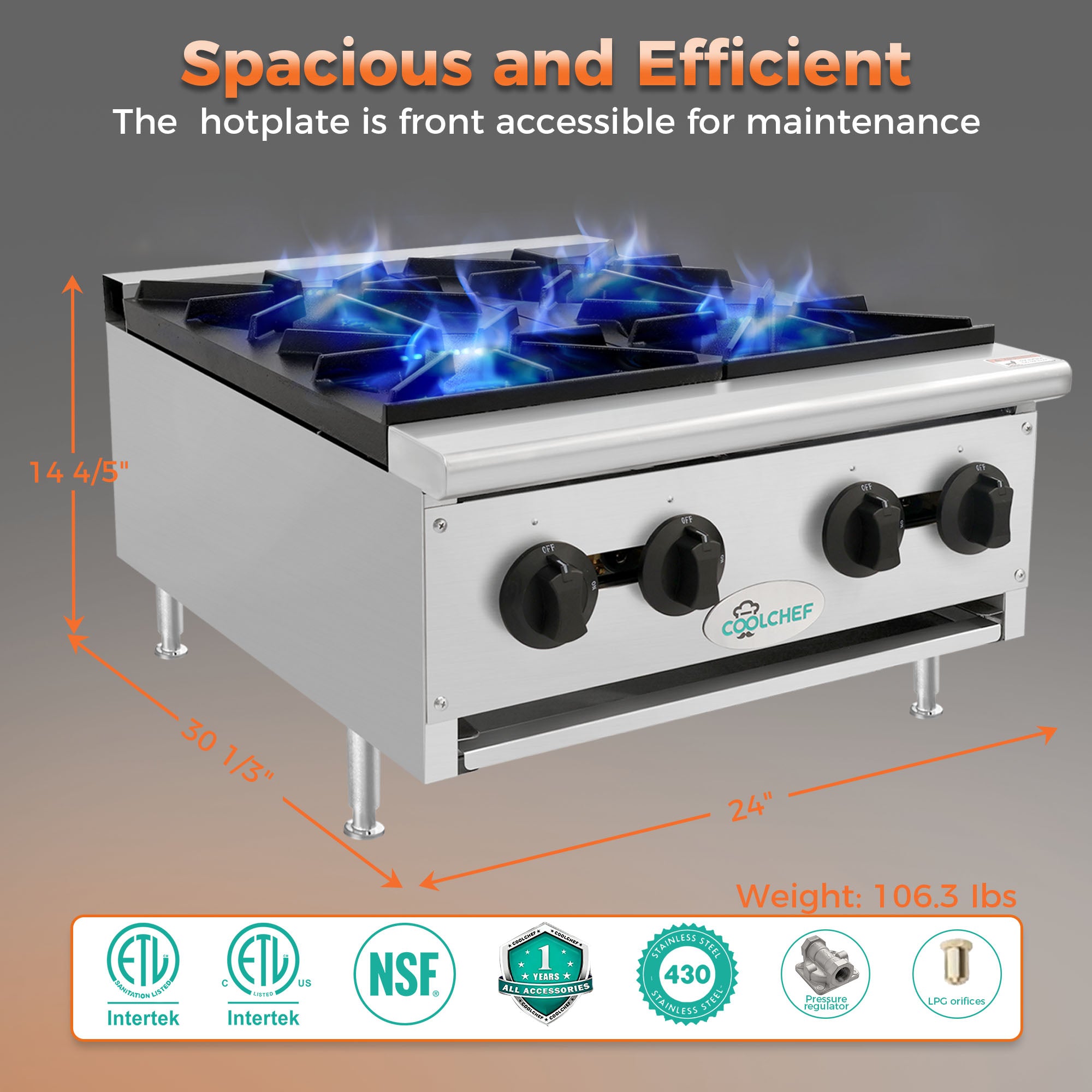 120,000 BTU Commercial Gas Hot Plate 4 Burner NG LP