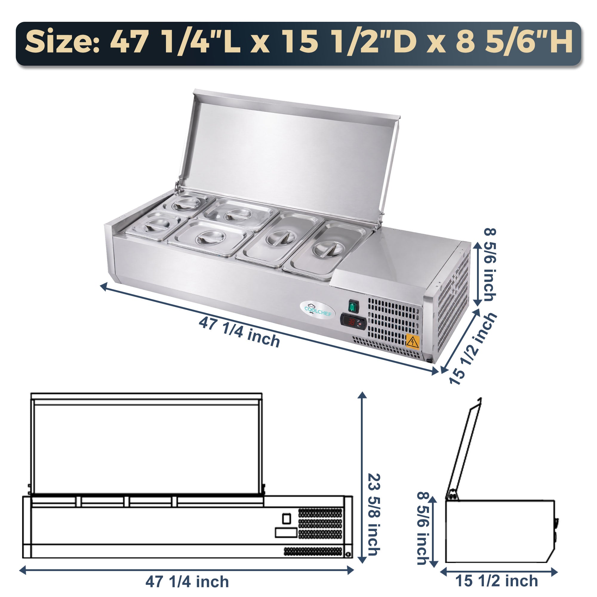 47" Commercial Refrigerated Prep Station, 1.5 Cu.Ft, Stainless Lid, R290 ETL