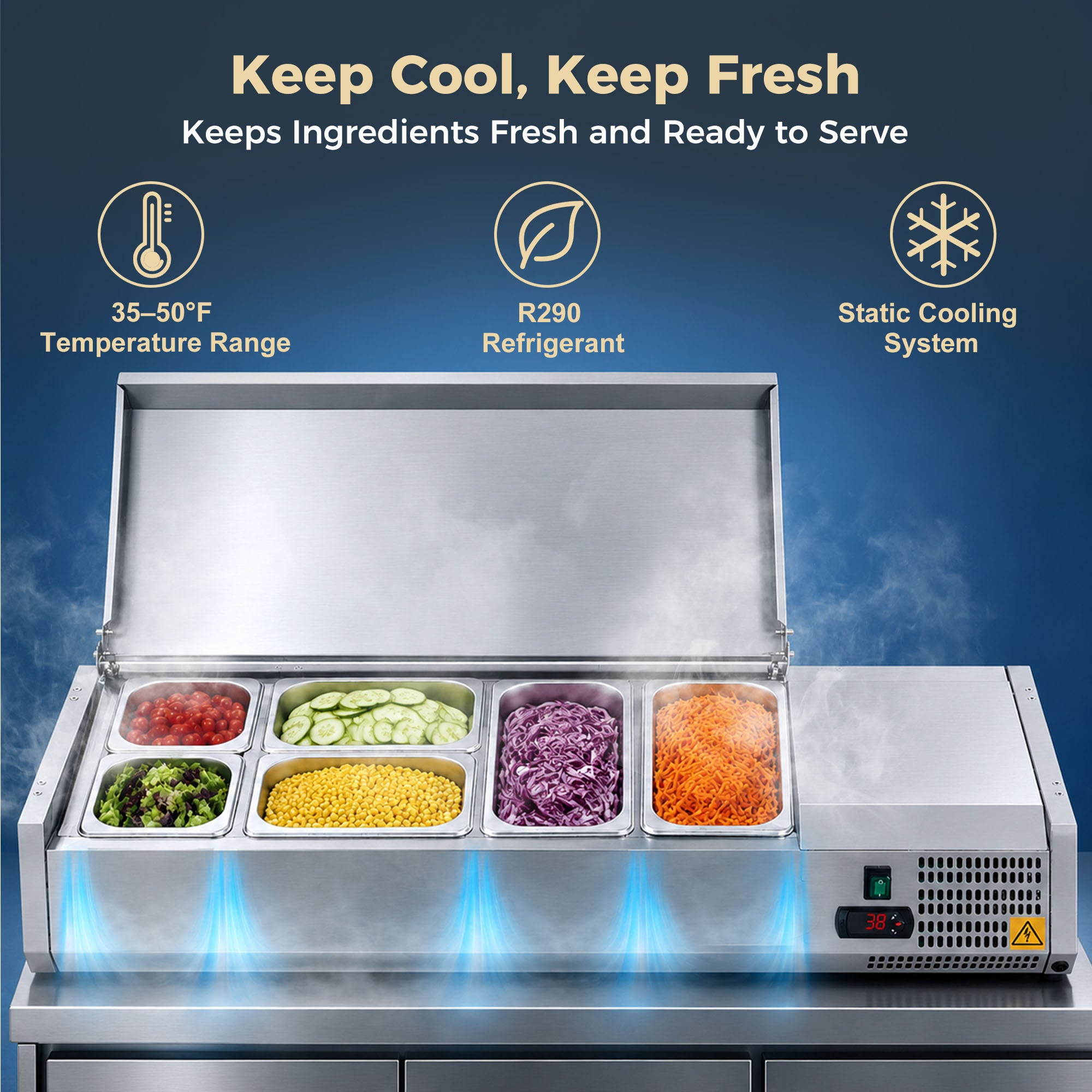 47" Commercial Refrigerated Prep Station, 1.5 Cu.Ft, Stainless Lid, R290 ETL