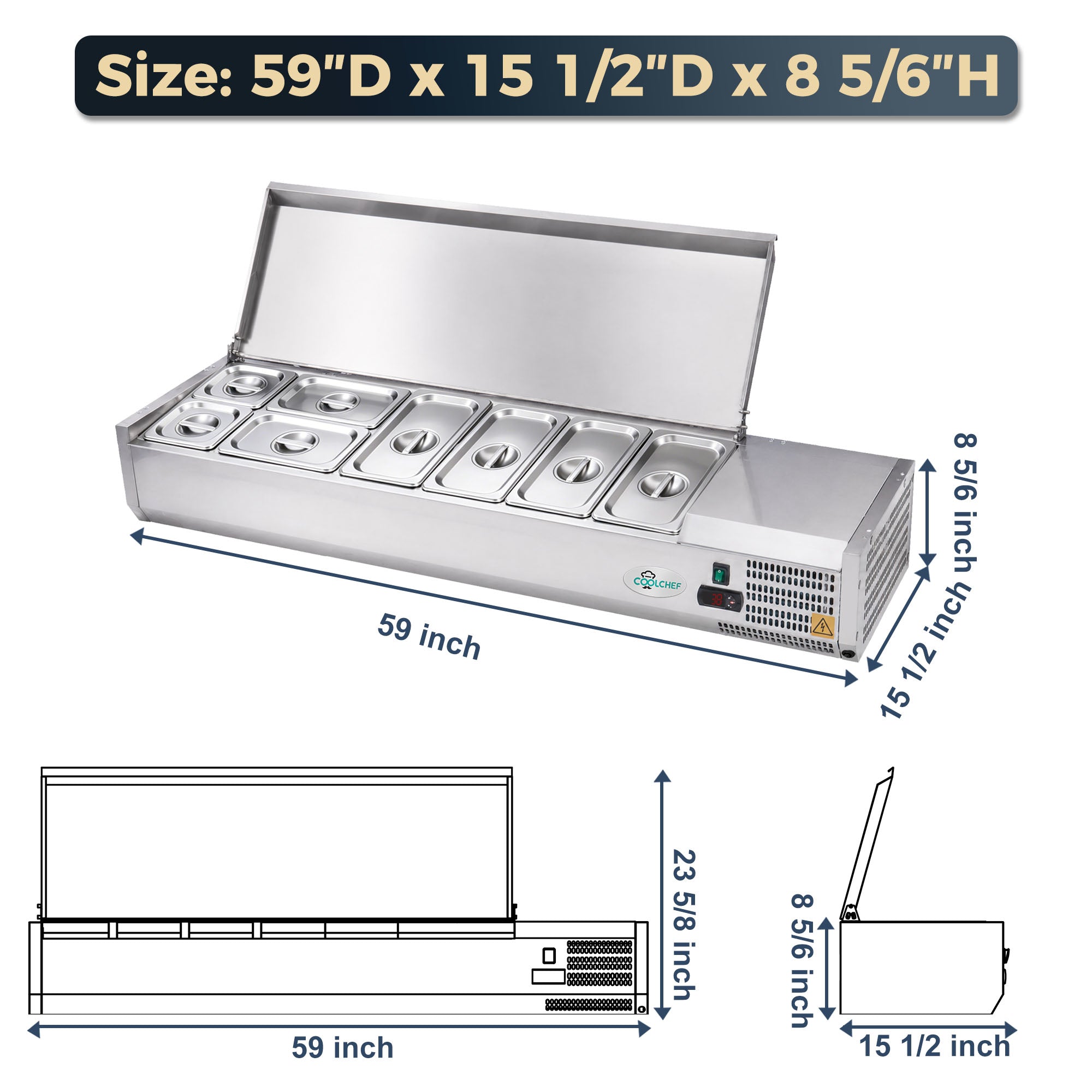 59" Commercial Refrigerated Prep Station, 2.1 Cu.Ft, Stainless Lid, R290 ETL
