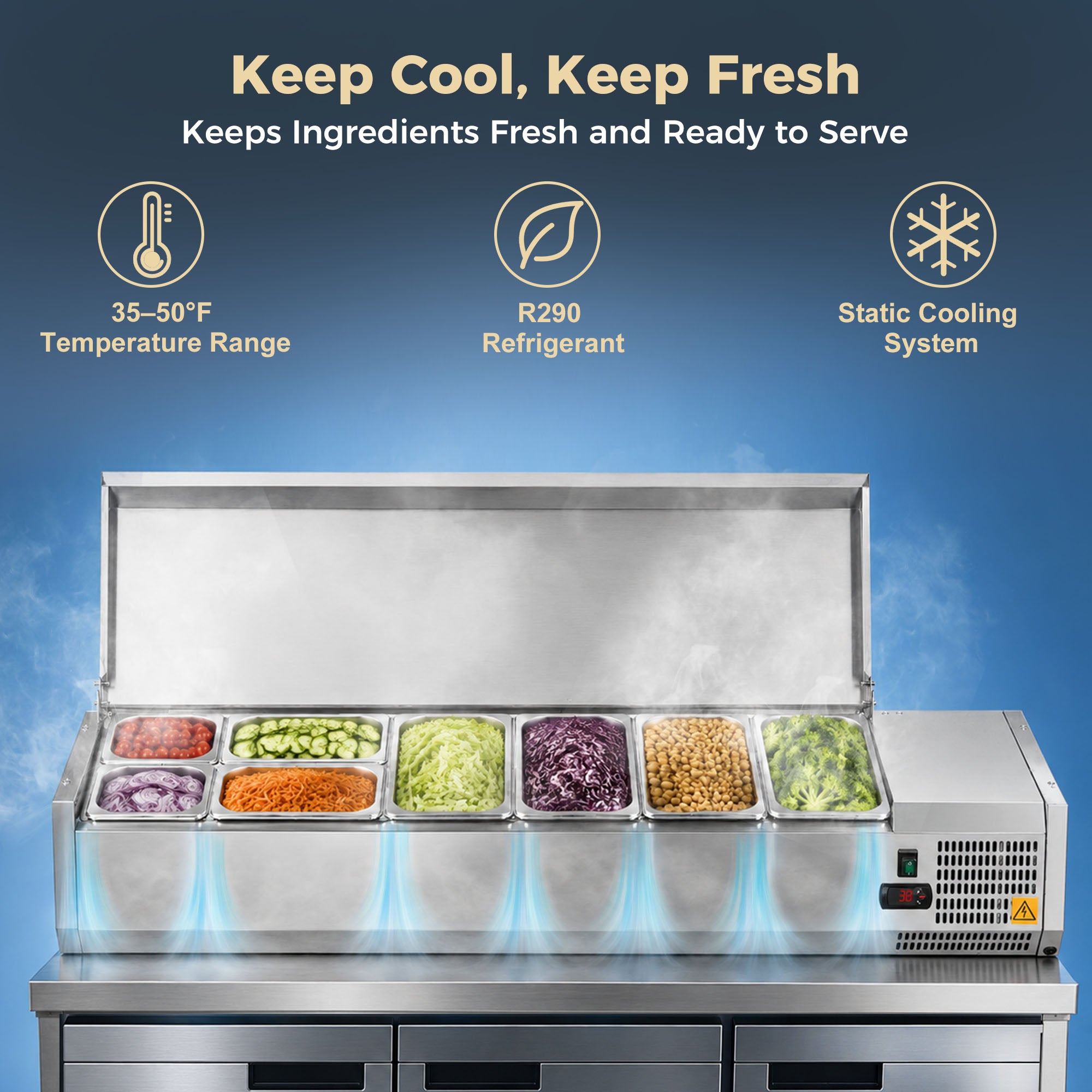 59" Commercial Refrigerated Prep Station, 2.1 Cu.Ft, Stainless Lid, R290 ETL