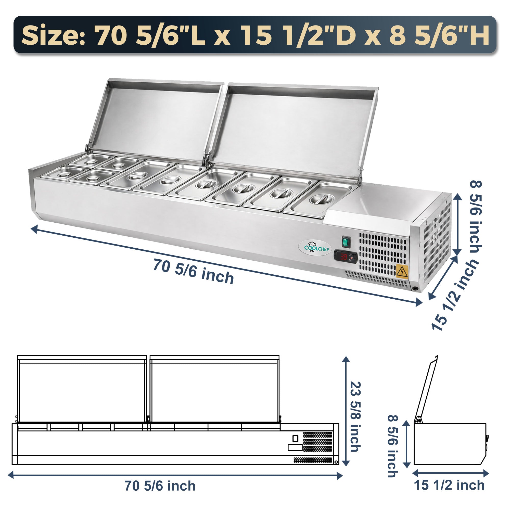 71" Commercial Refrigerated Prep Station, 2.6 Cu.Ft, Stainless Lid, R290 ETL
