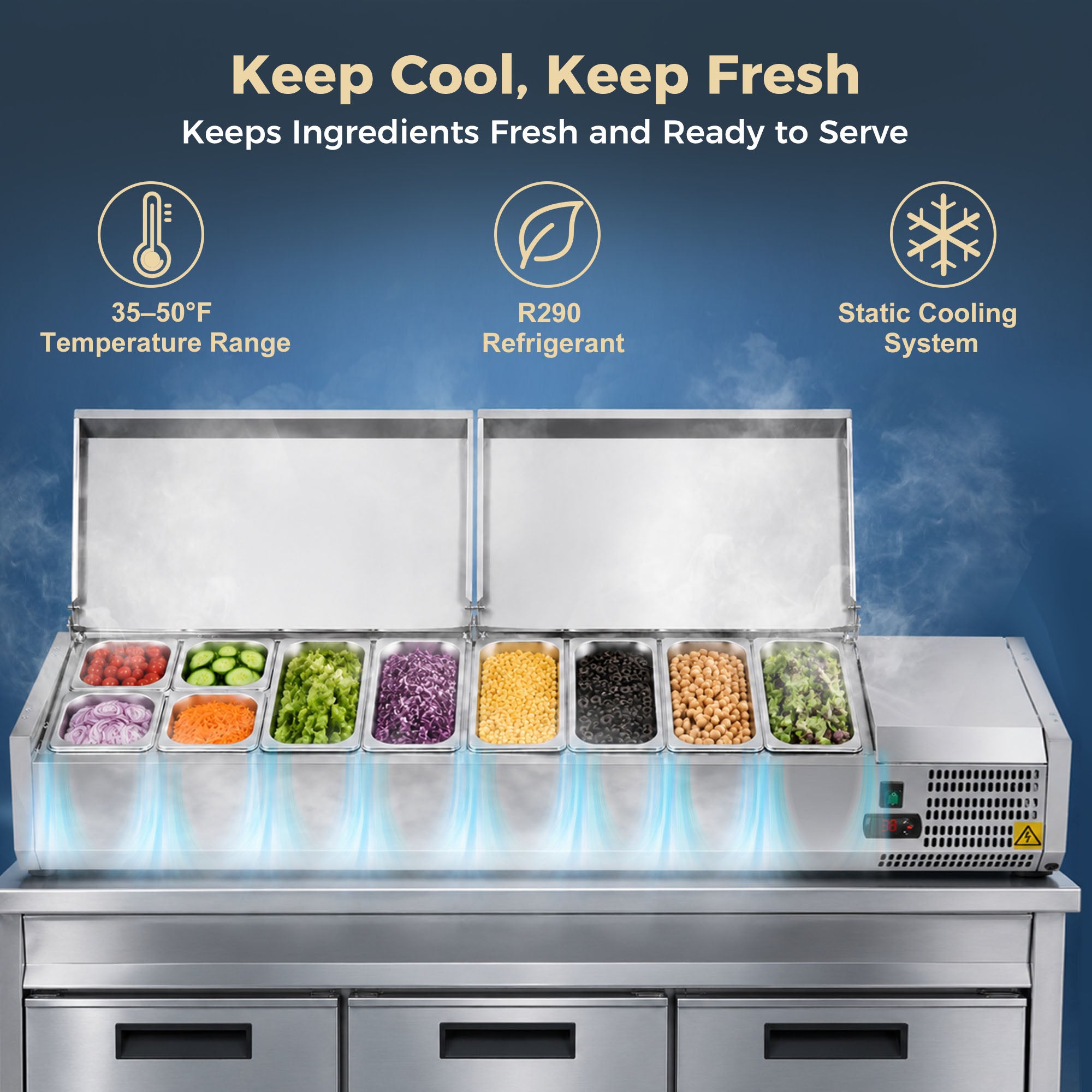 71" Commercial Refrigerated Prep Station, 2.6 Cu.Ft, Stainless Lid, R290 ETL