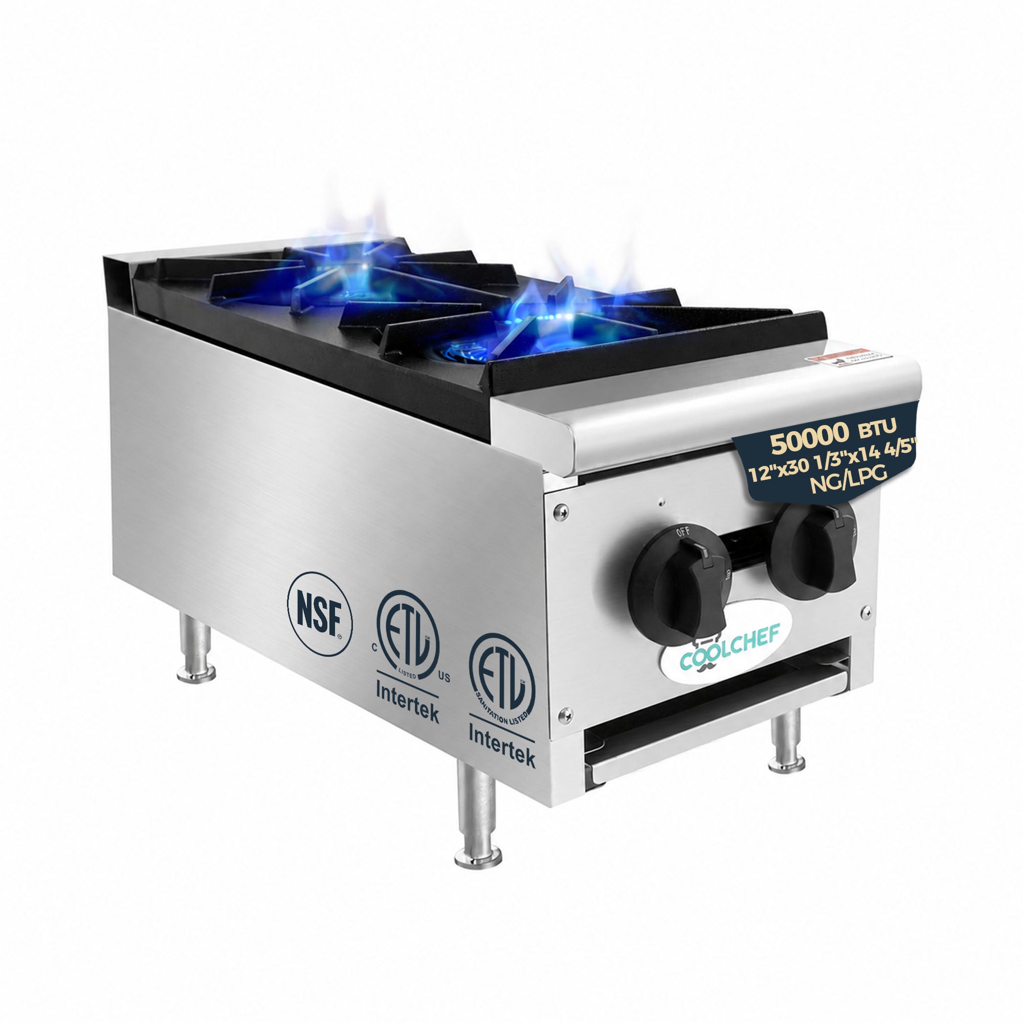 2 Burner 50,000 BTU Commercial Gas Range Countertop Stainless Steel Restaurant Stove ETL