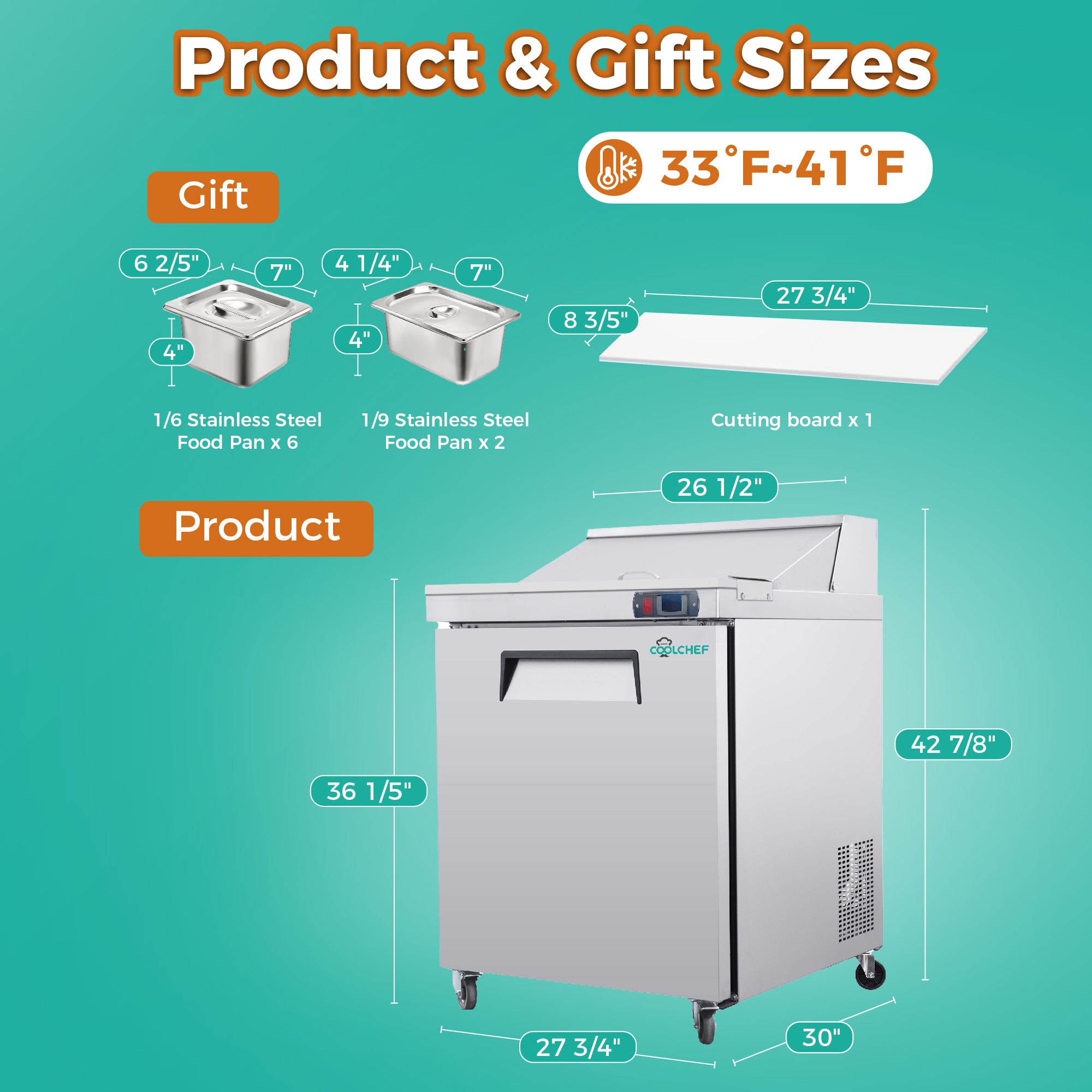 28" Commercial Sandwich Prep Table 6 Pan 33-41°F ETL