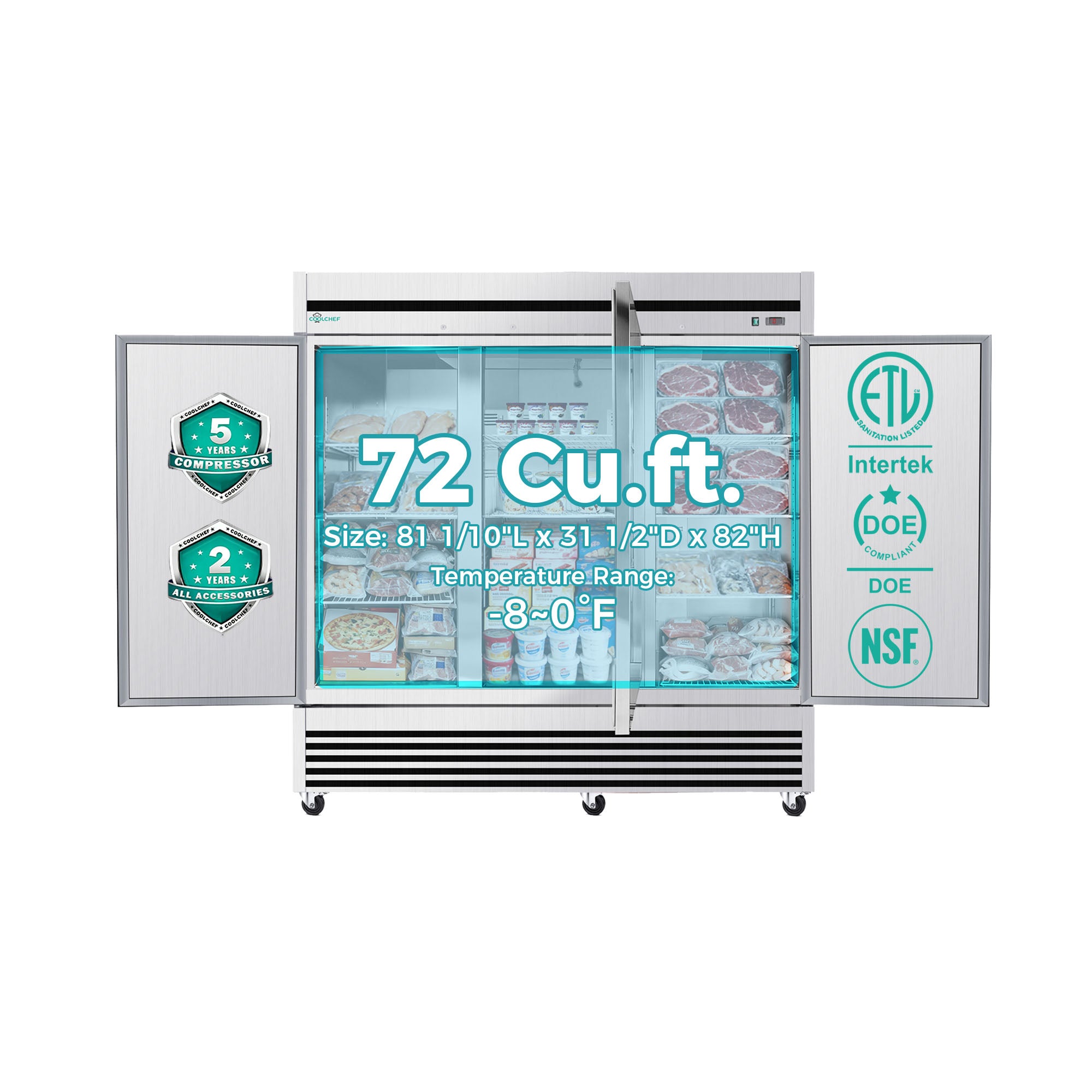 72 Cu Ft 3 Door Commercial Reach In Freezer ETL