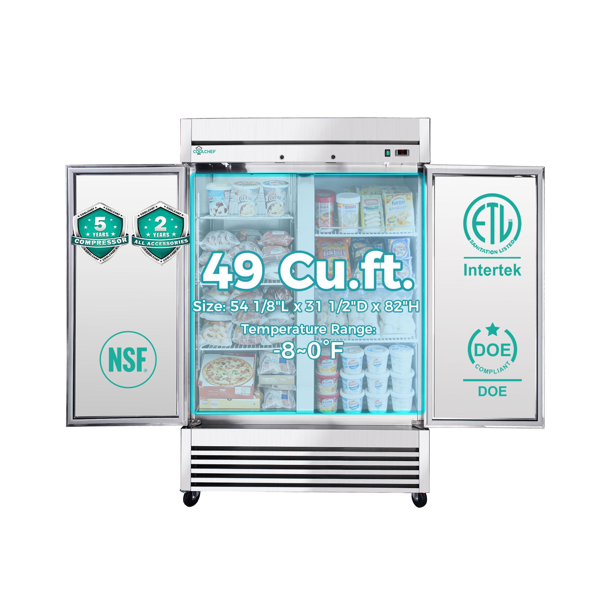 49 Cu Ft 2 Door Commercial Reach In Freezer ETL