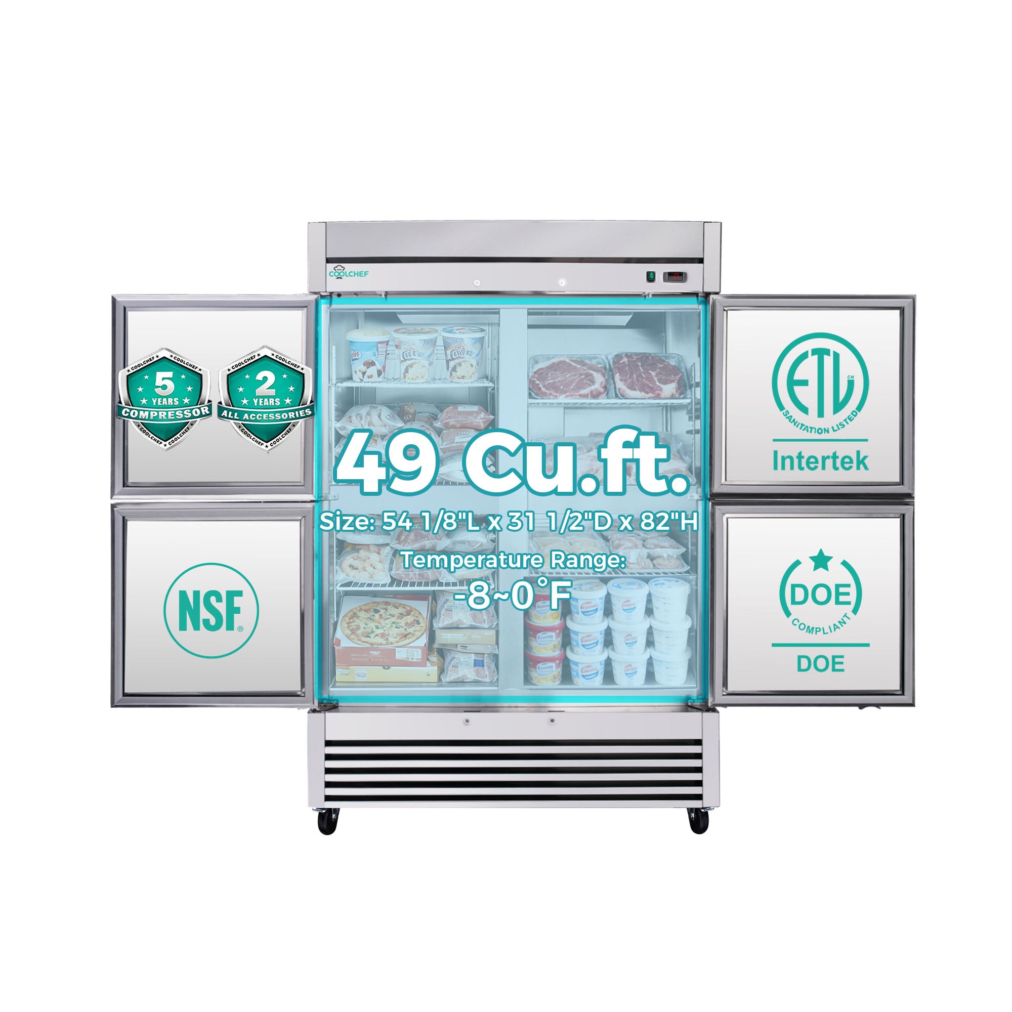 49 Cu Ft 54" Commercial 4 Half Door Reach-In Freezer -8–0°F ETL