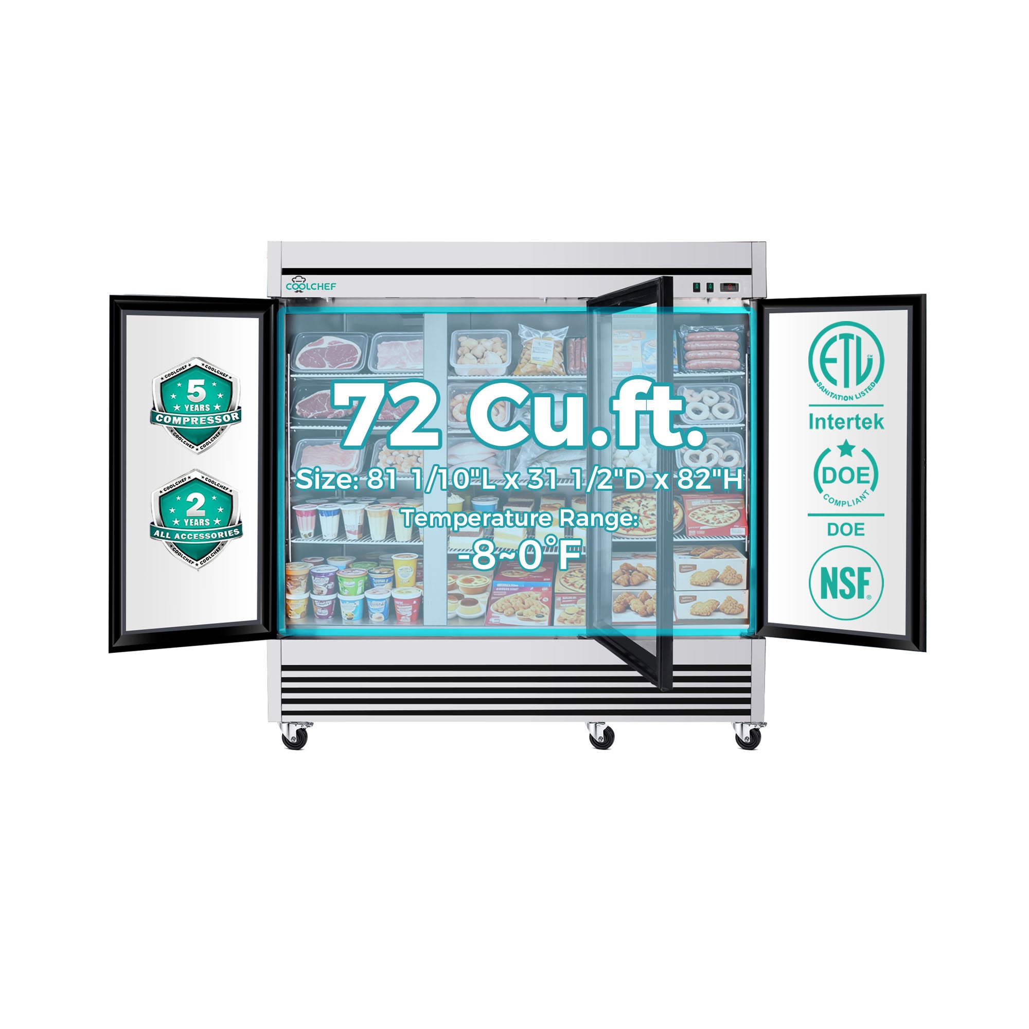 72 Cu Ft Commercial Glass Door Freezer -8°F ETL