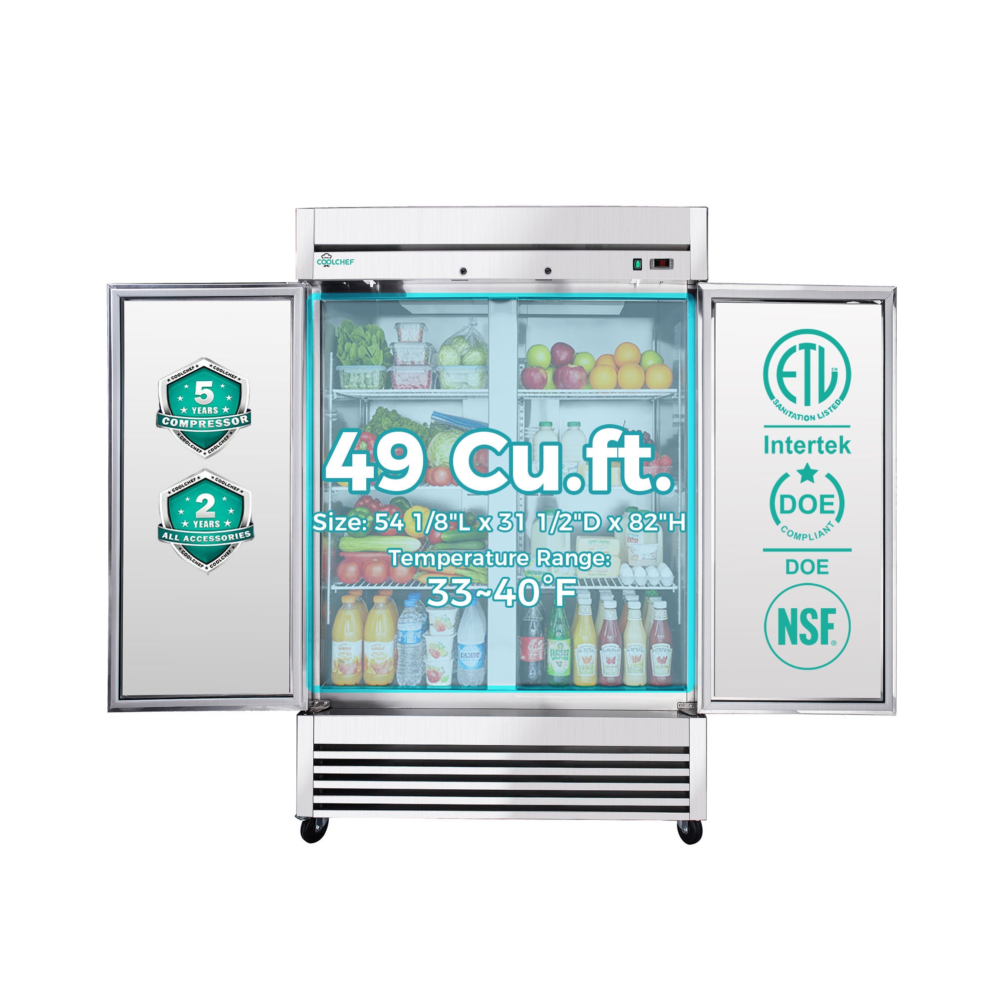 49 Cu Ft 2 Door Commercial Reach In Refrigerator ETL