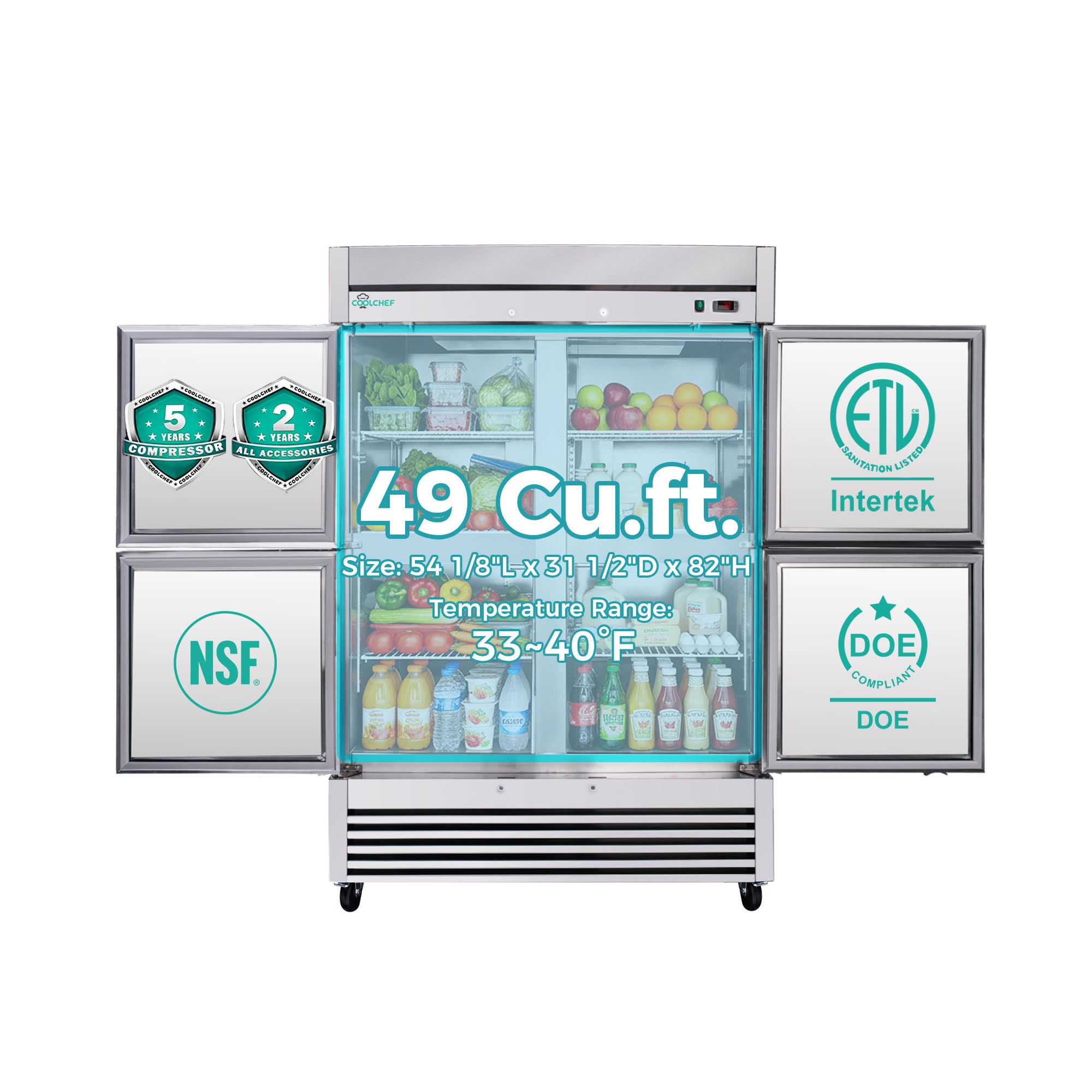 49 Cu Ft 54" Commercial 4 Half Door Reach-In Refrigerator ETL