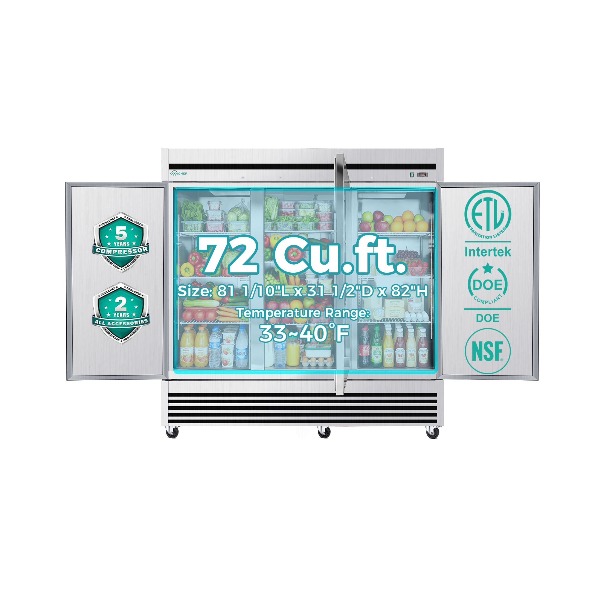 72 Cu Ft 3 Door Commercial Reach In Refrigerator ETL