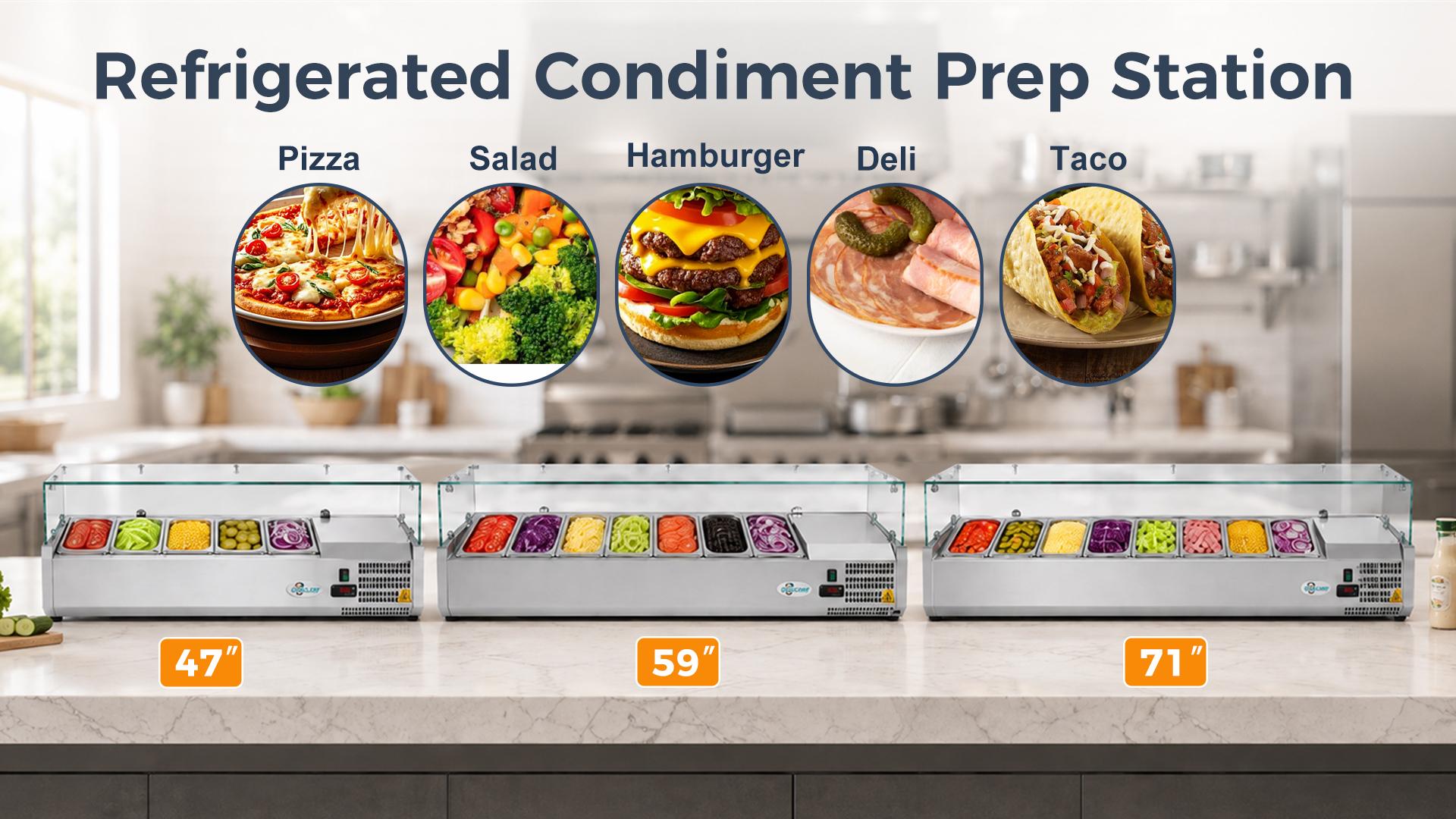 Load video: 47" Commercial Refrigerated Prep Rail with Sneeze Guard, 1.2 Cu.Ft, 5 x 1/4 GN Pans, R290 ETL