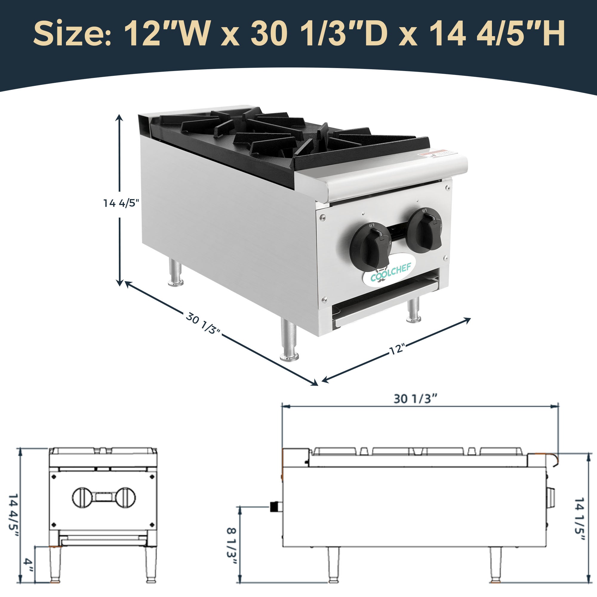 2 Burner 50,000 BTU Commercial Gas Range Countertop Stainless Steel Restaurant Stove ETL