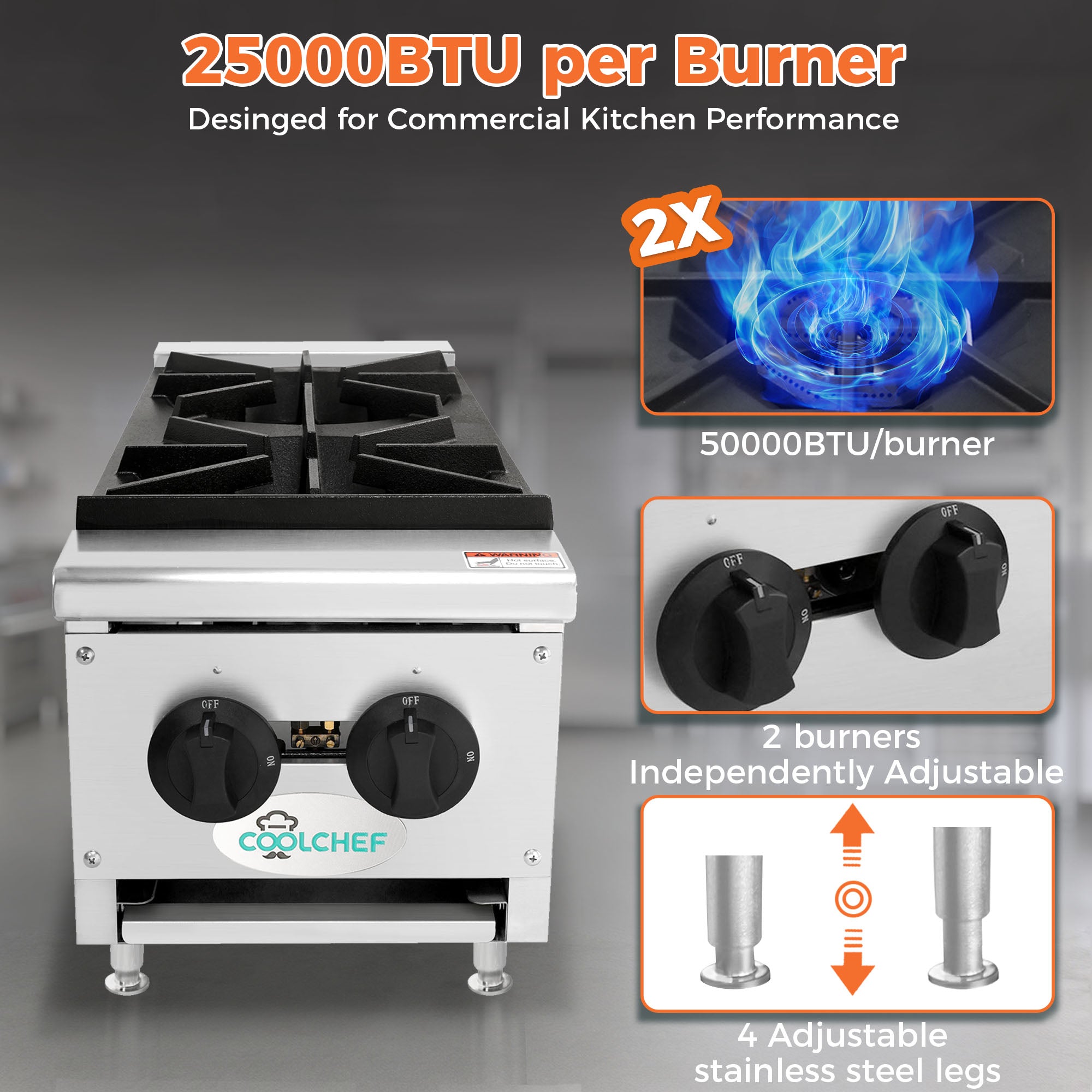 50,000 BTU Commercial Gas Hot Plate 2 Burner NG LP