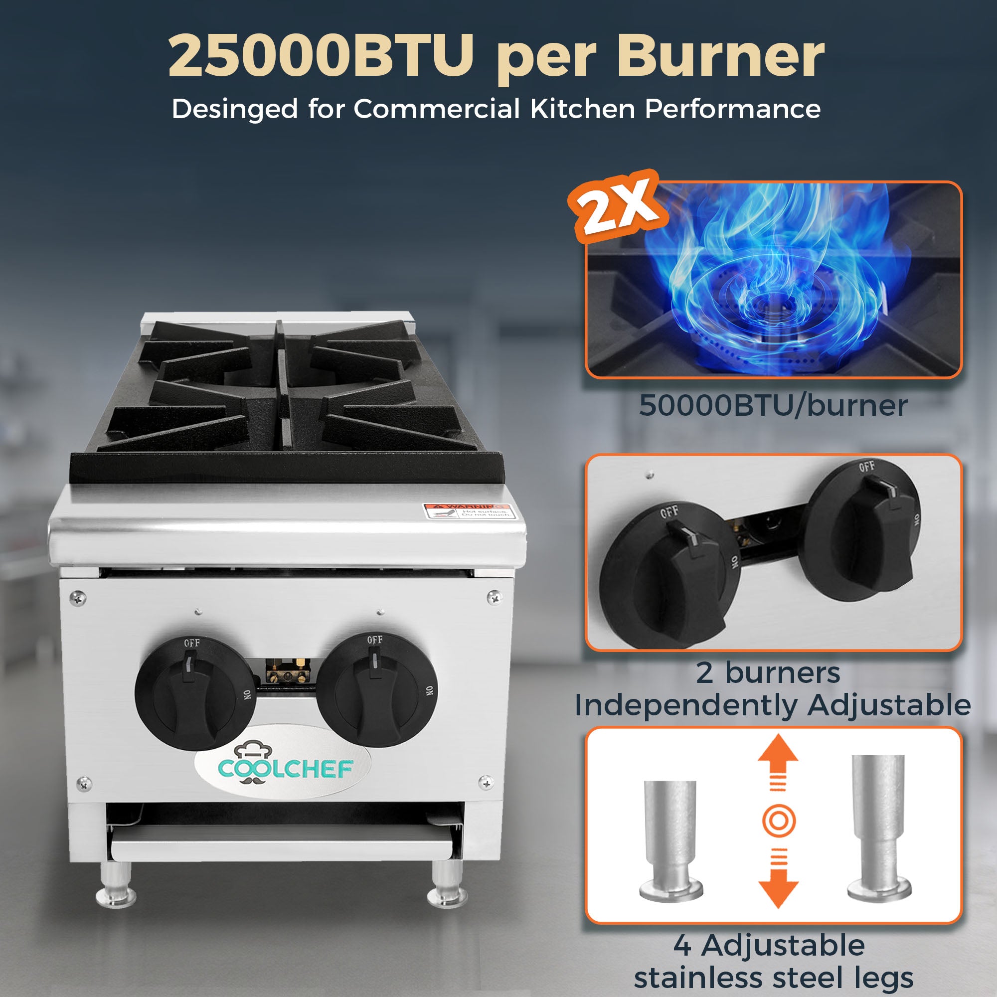 2 Burner 50,000 BTU Commercial Gas Range Countertop Stainless Steel Restaurant Stove ETL