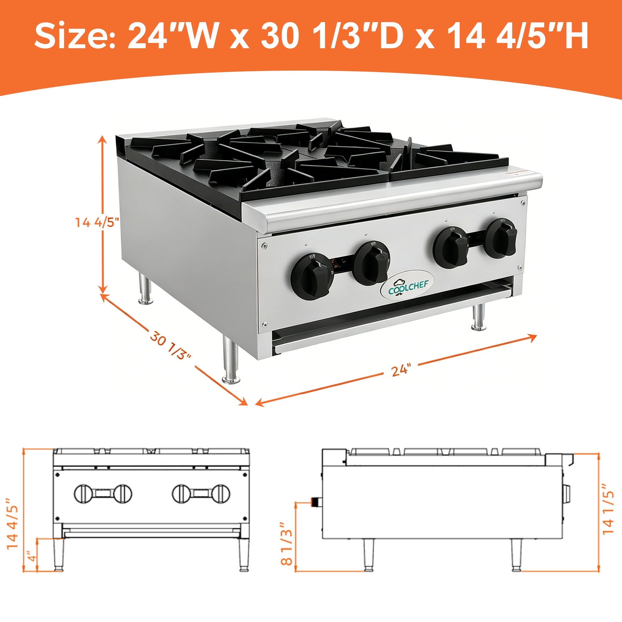 100,000 BTU Commercial Gas Hot Plate 4 Burner NG LP