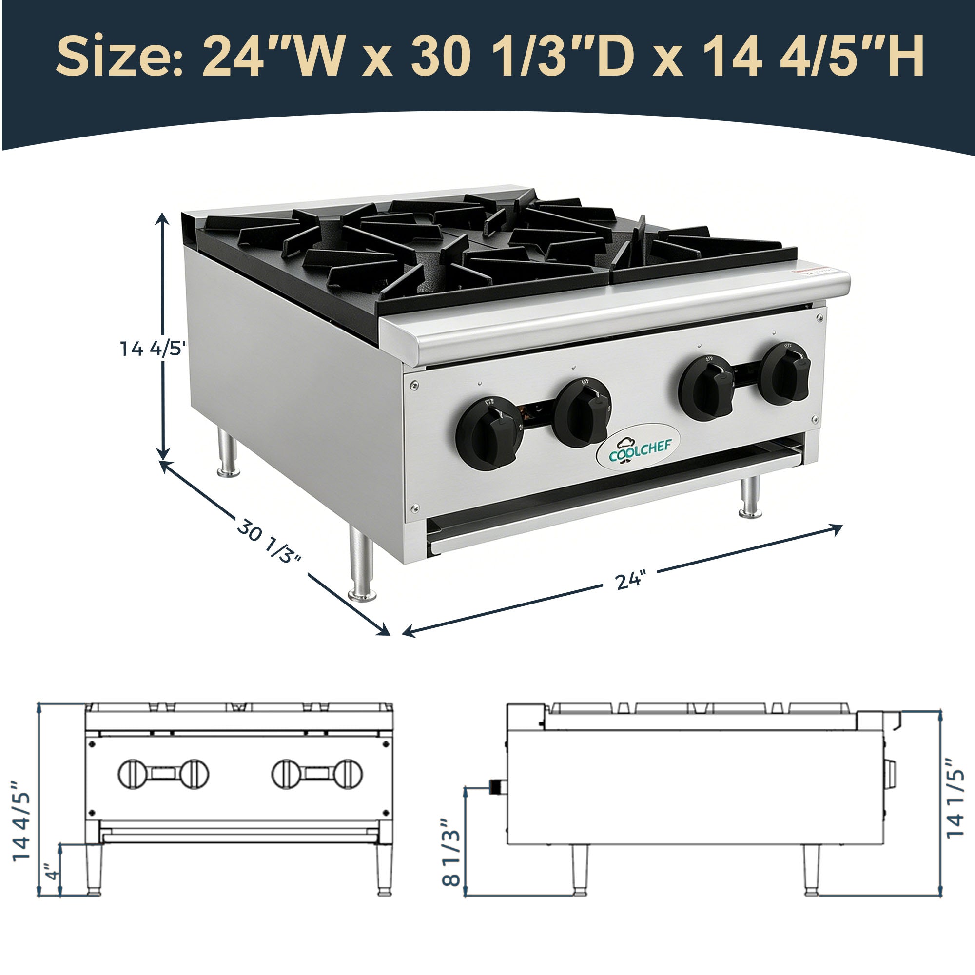 4 Burner 100,000 BTU Commercial Gas Range Heavy Duty Stainless Steel Restaurant Stove ETL