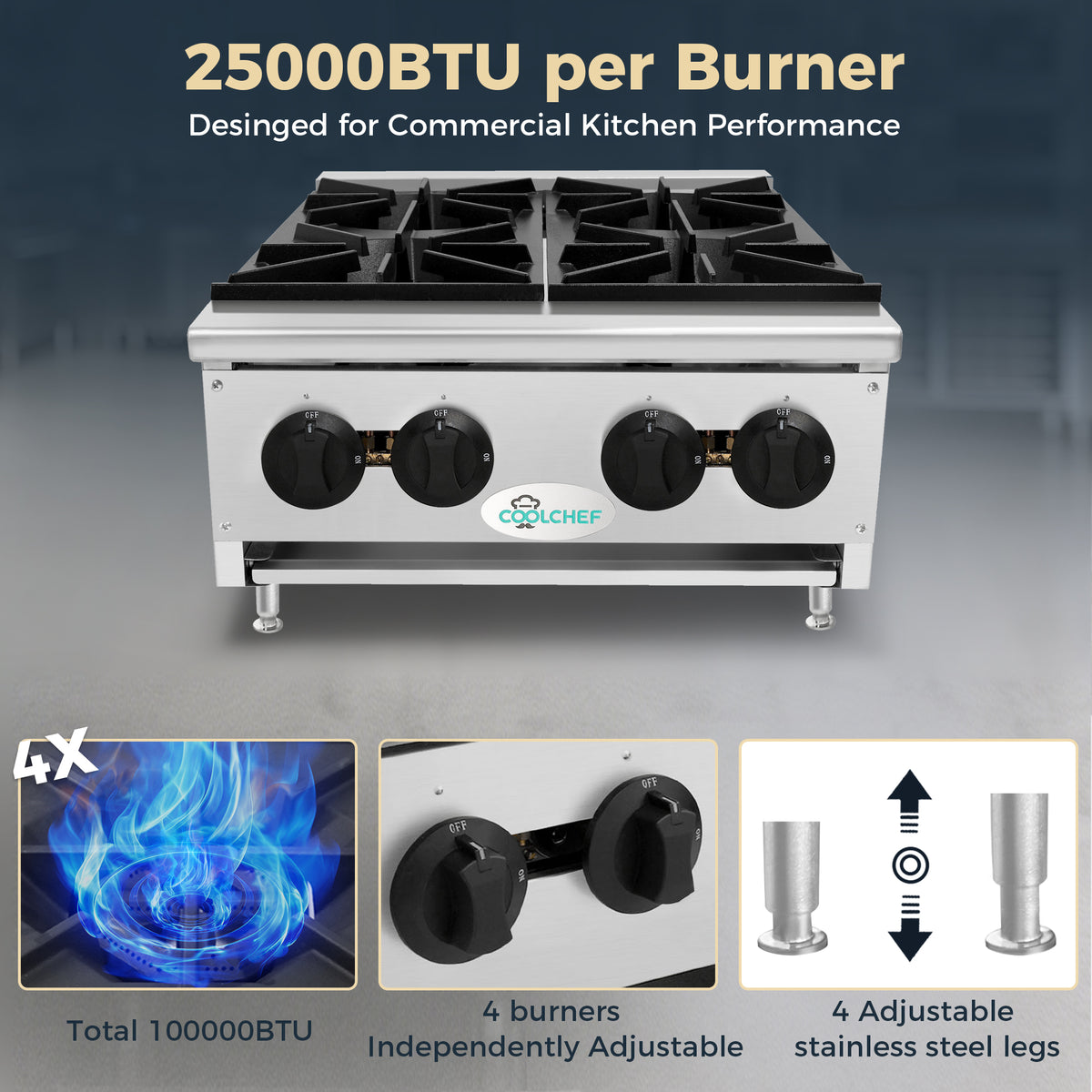 24" 4-Burner Commercial Countertop Gas Hot Plate, 100,000 BTU