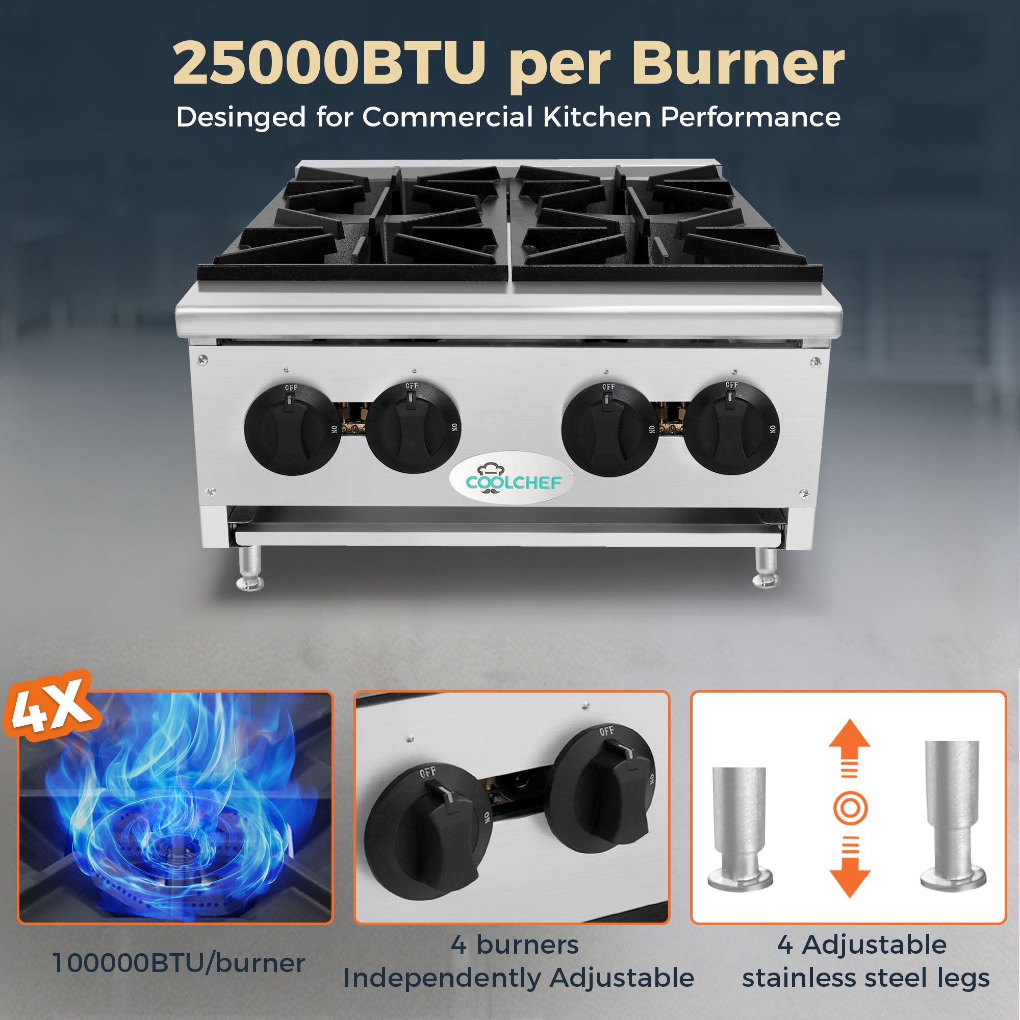 4 Burner 100,000 BTU Commercial Gas Range Heavy Duty Stainless Steel Restaurant Stove ETL