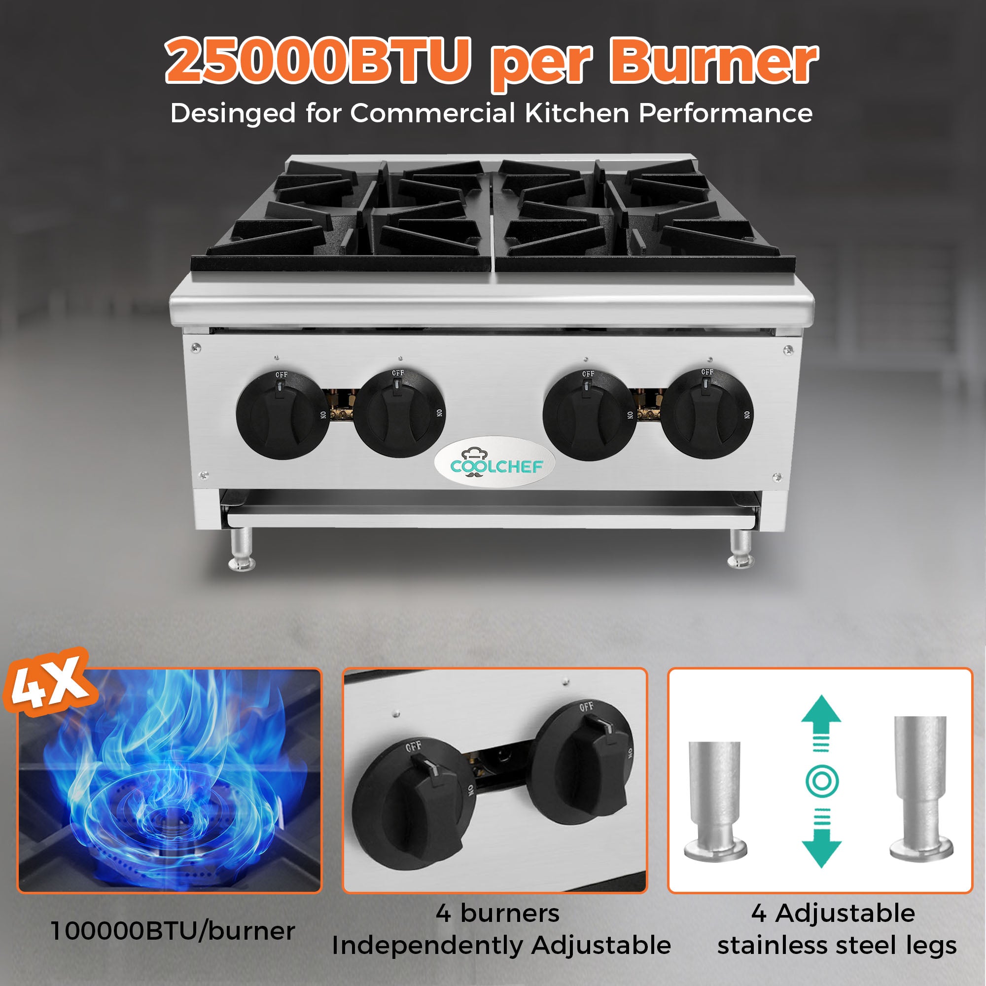 100,000 BTU Commercial Gas Hot Plate 4 Burner NG LP