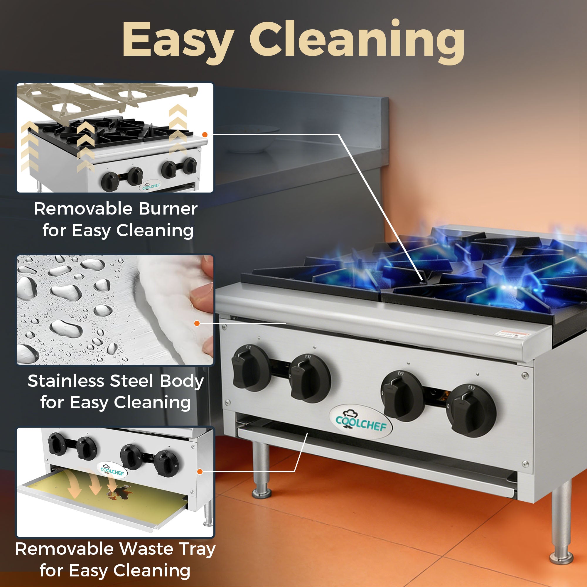 4 Burner 100,000 BTU Commercial Gas Range Heavy Duty Stainless Steel Restaurant Stove ETL