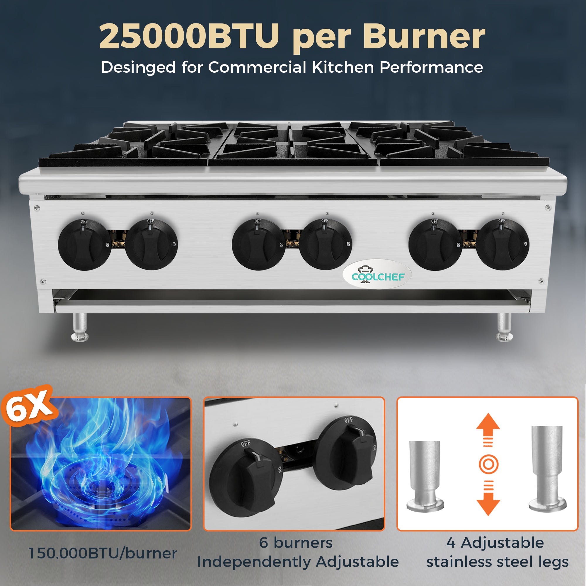 4 Burner 100,000 BTU Commercial Gas Range Heavy Duty Stainless Steel Restaurant Stove ETL