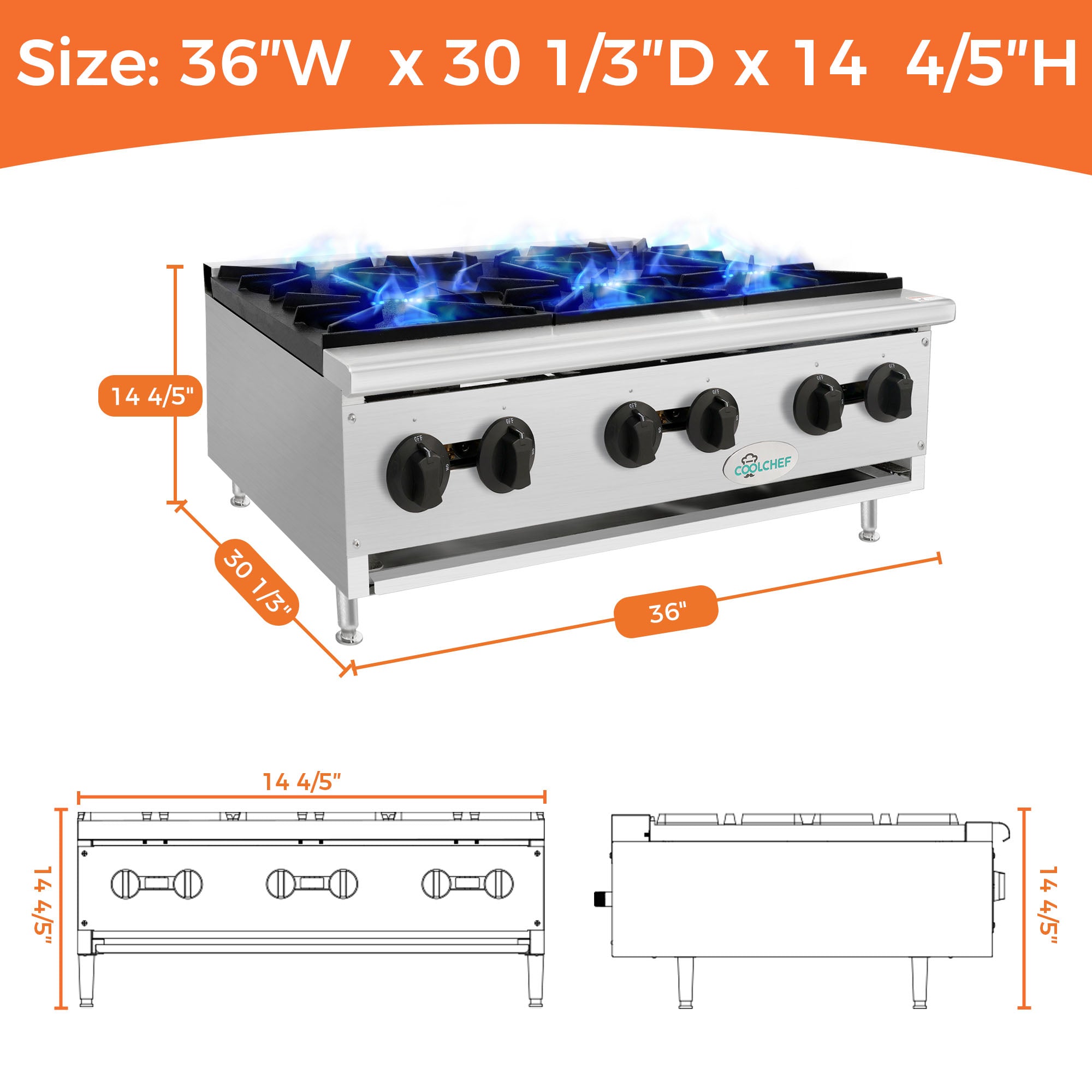 150,000 BTU Commercial Gas Hot Plate 6 Burner NG LP