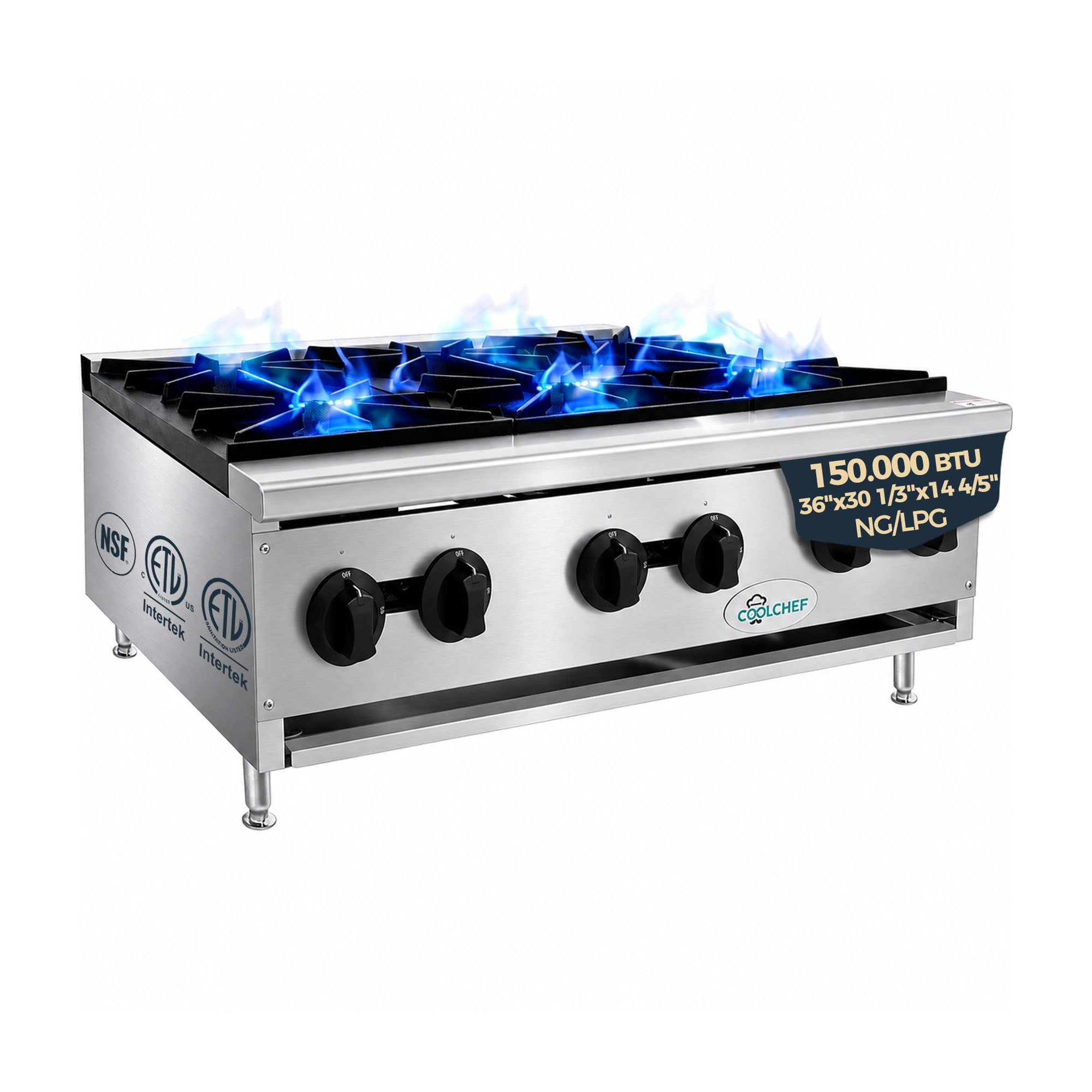 6 Burner 150,000 BTU Commercial Gas Range High BTU Stainless Steel Restaurant Stove ETL