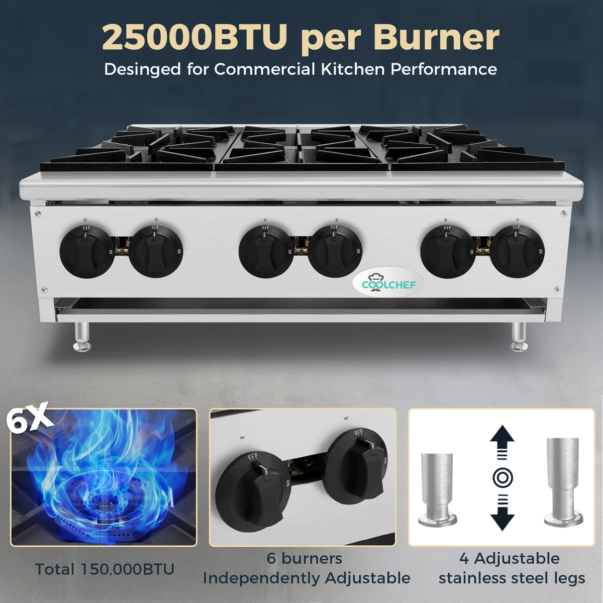 36" 6-Burner Commercial Countertop Gas Hot Plate, 150,000 BTU