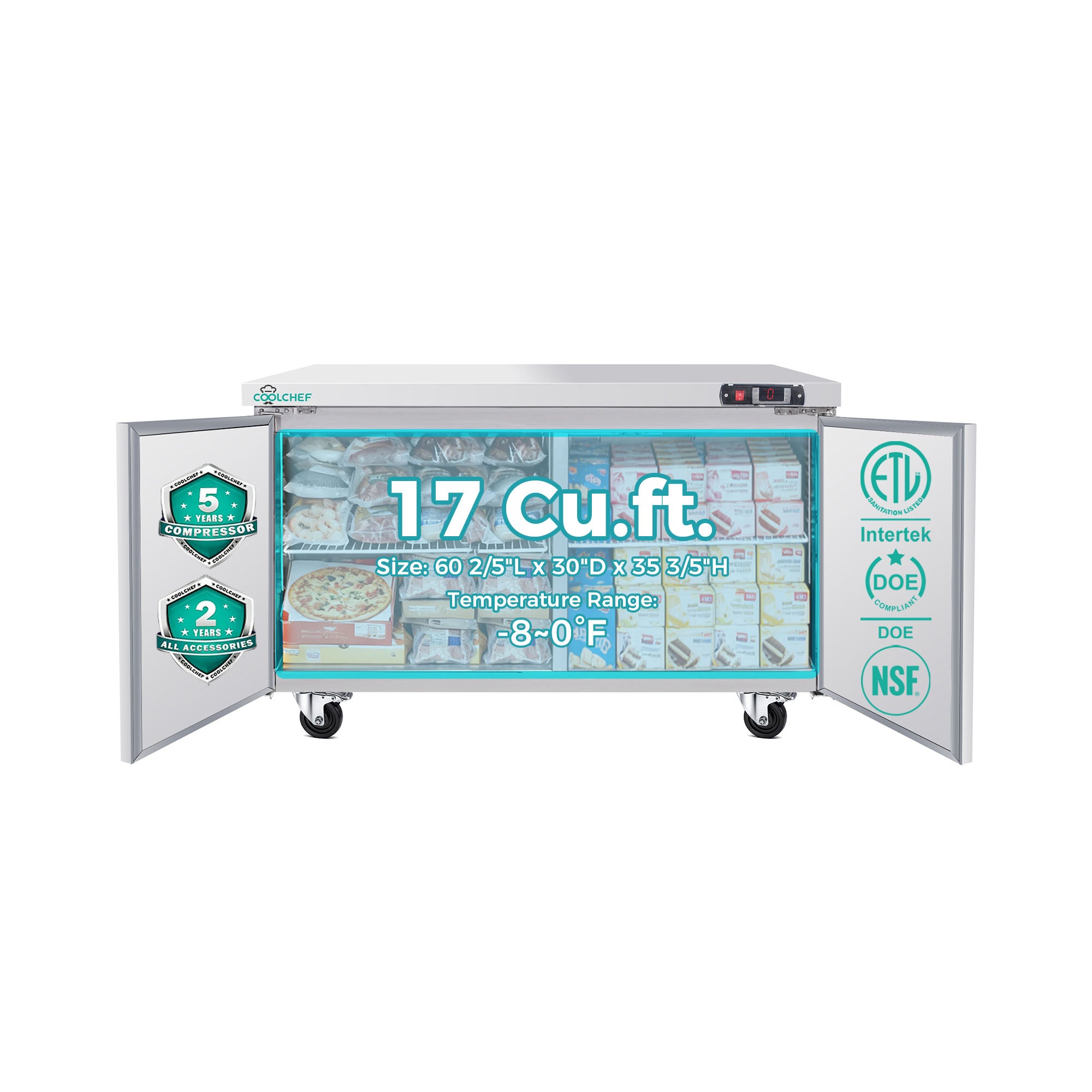 60" 17 Cu Ft Commercial Sandwich Prep Freezer ETL