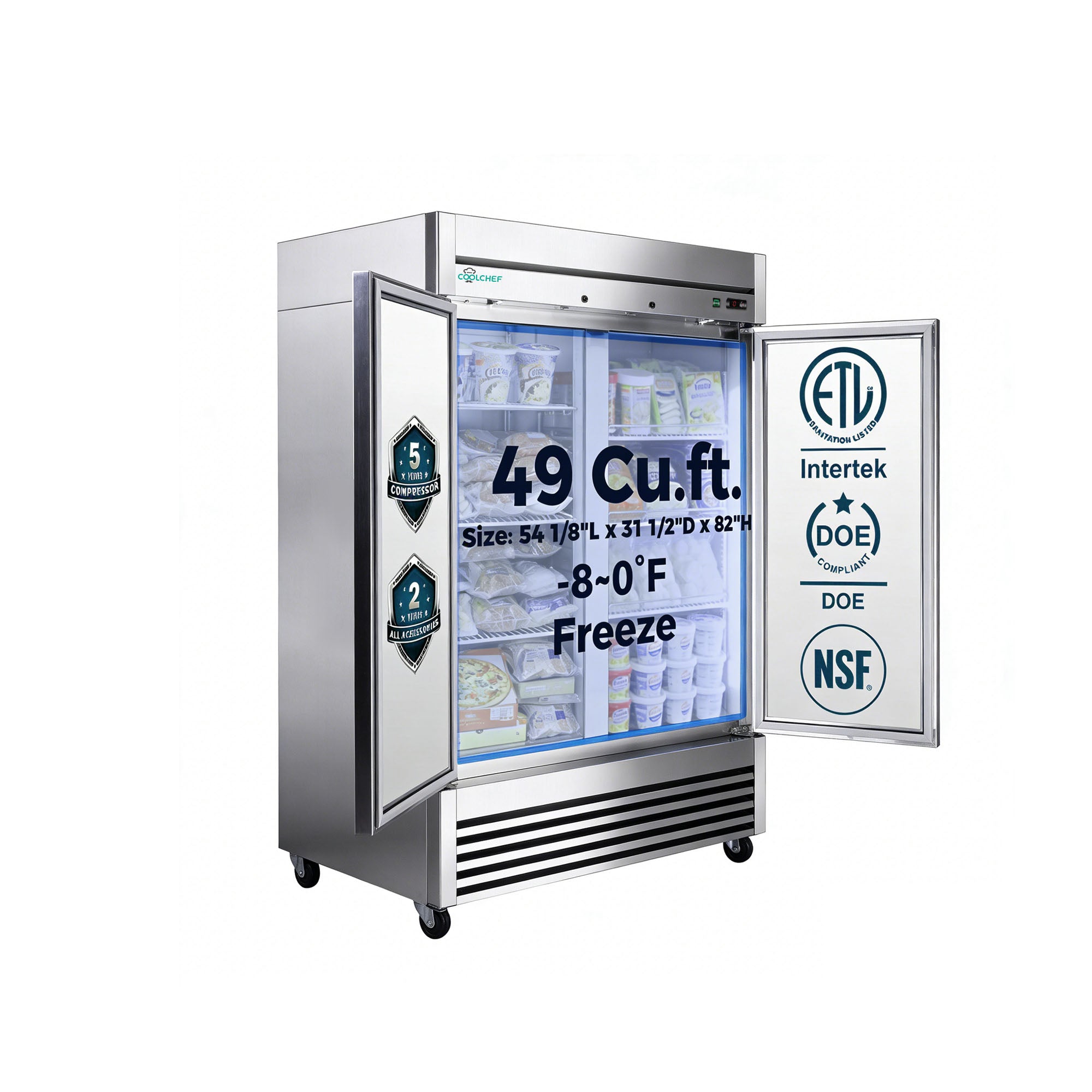 49 Cu Ft 2 Door Commercial Reach In Freezer ETL