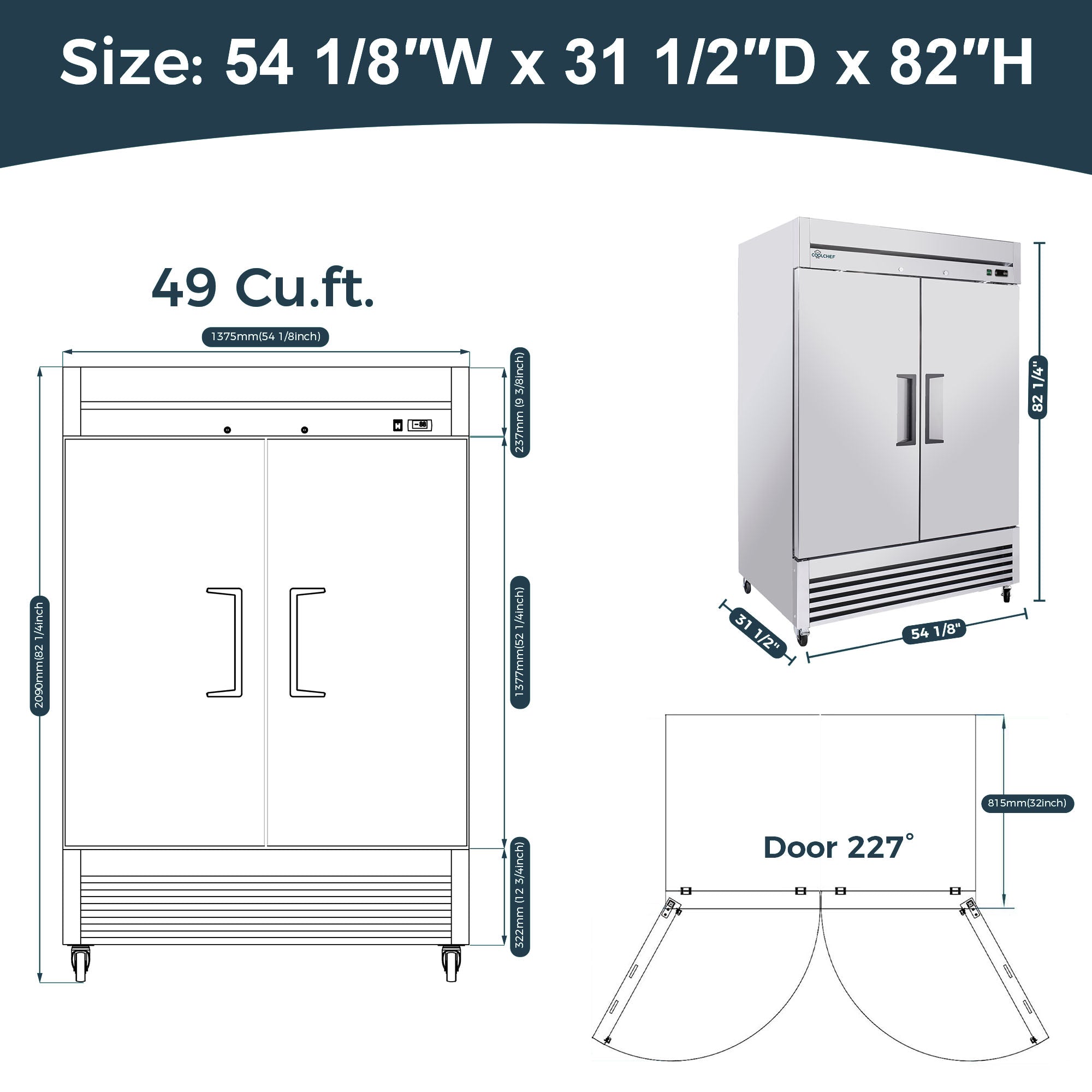 49 Cu Ft 2 Door Commercial Reach In Freezer ETL