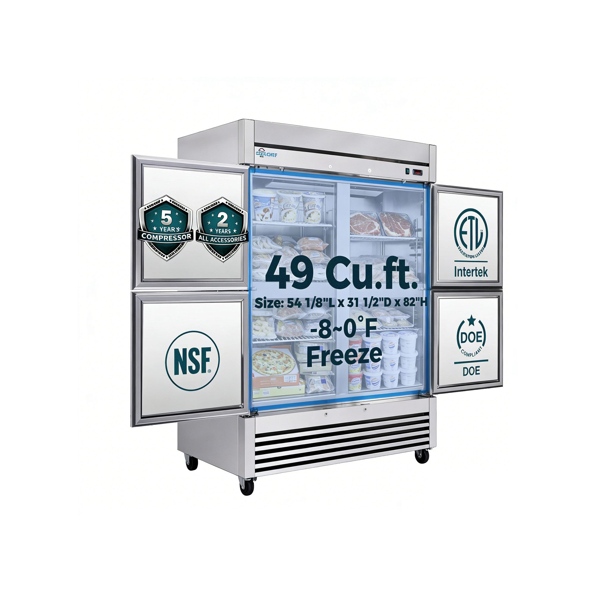 Open-door view of COOLCHEF 49 cu. ft. commercial reach-in freezer with frozen food storage
