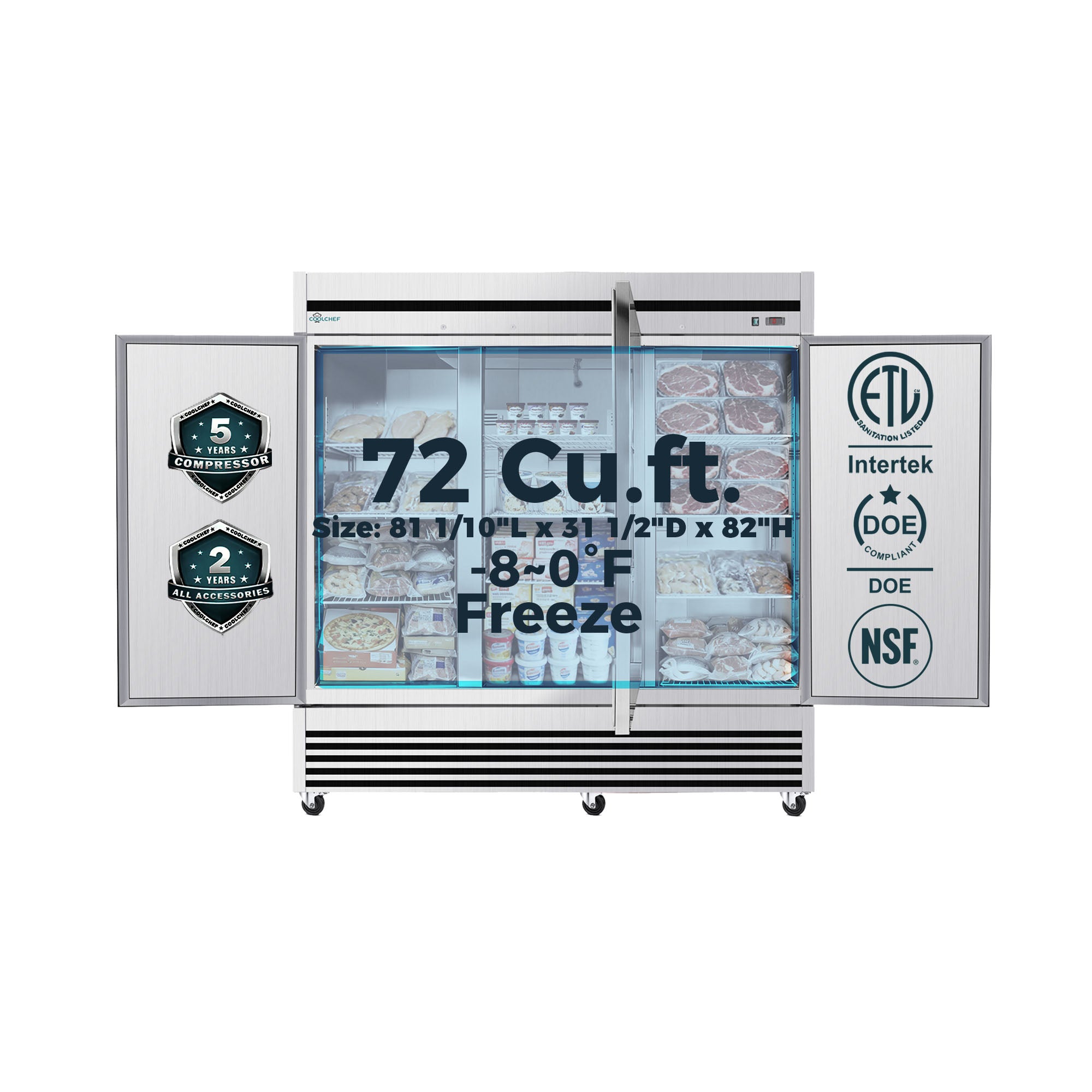 72 Cu Ft 3 Door Commercial Reach In Freezer ETL