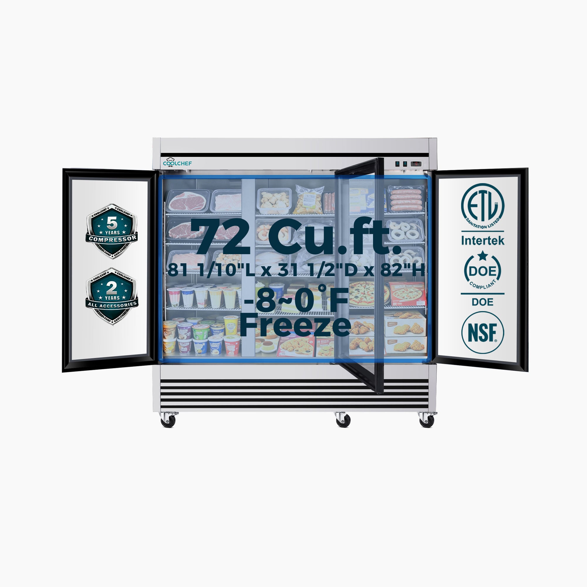 72 Cu Ft Commercial Glass Door Freezer -8 to 0°F ETL