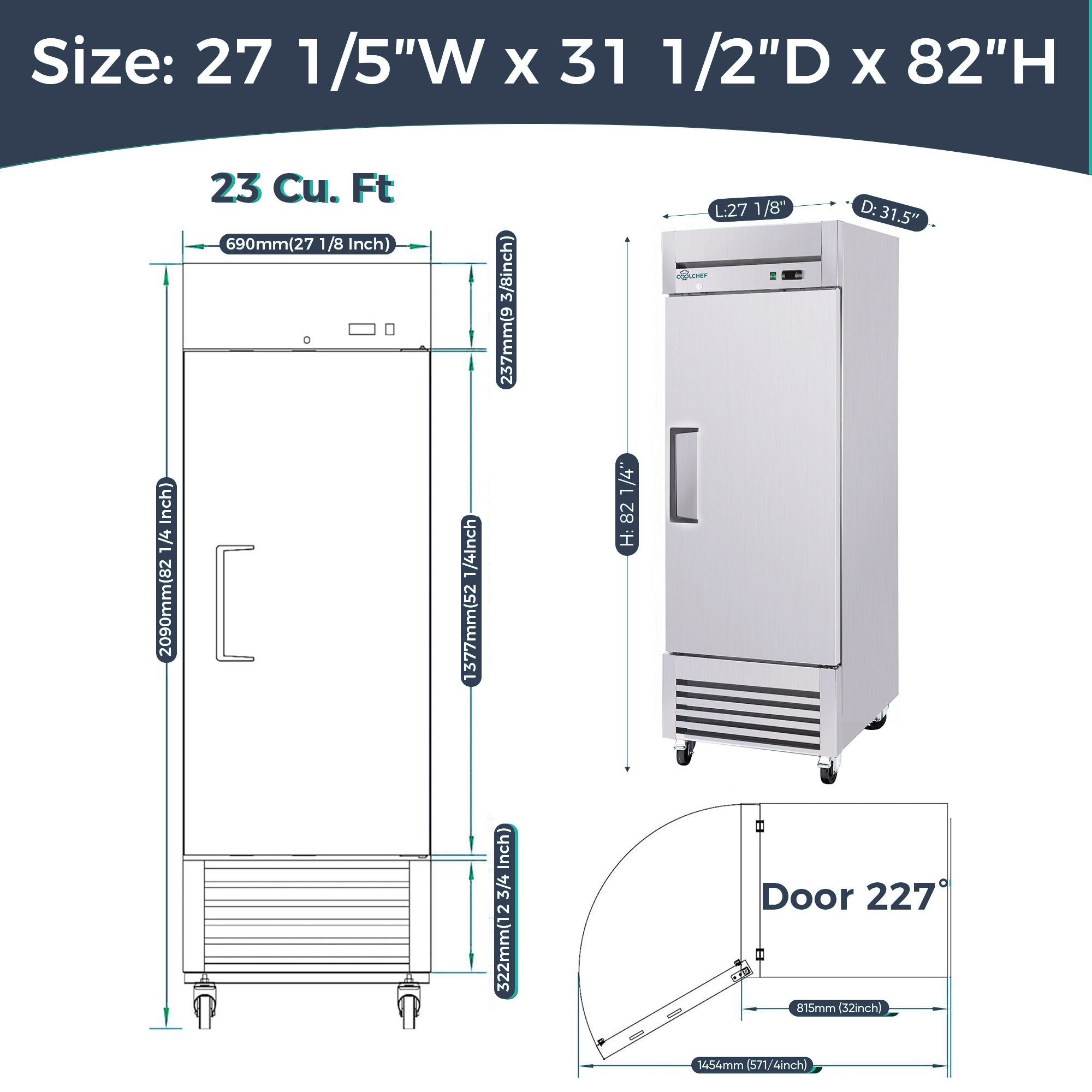 23 Cu Ft 1 Door Commercial Reach In Refrigerator ETL