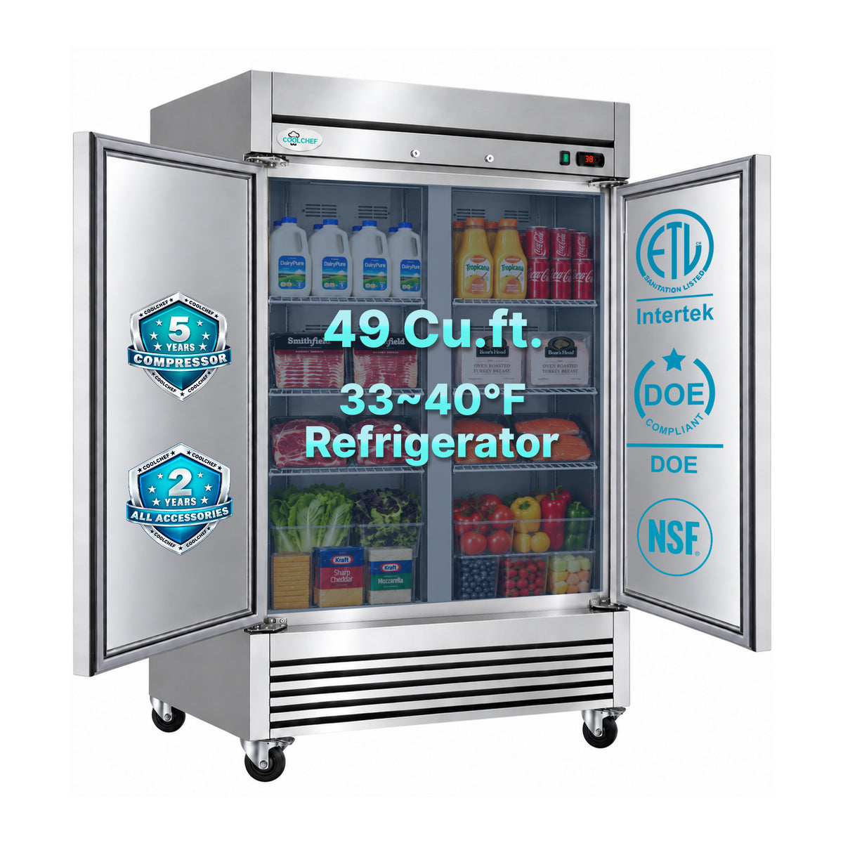 54" 2 Solid Doors Commercial Reach In  Stainless Steel Refrigerator ETL