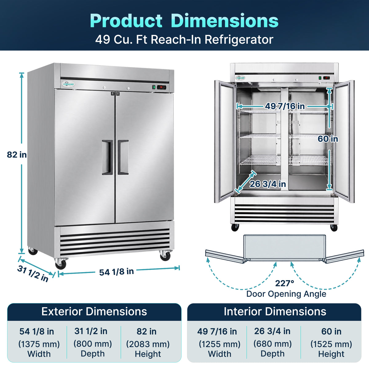 54" 2 Solid Doors Commercial Reach In  Stainless Steel Refrigerator ETL