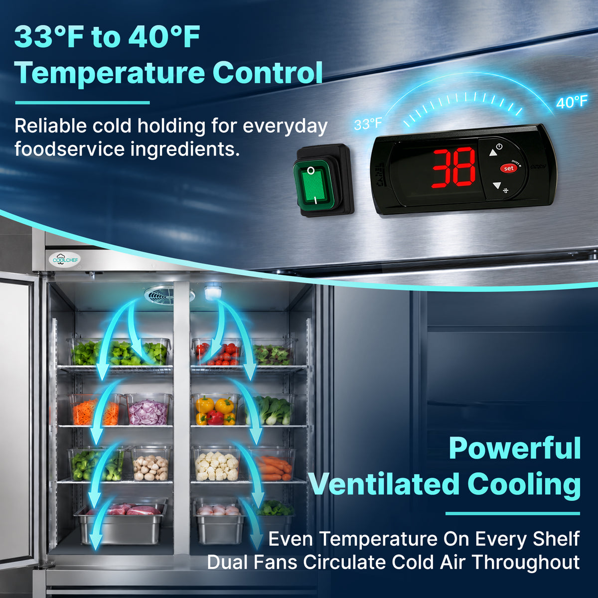 54" 2 Solid Doors Commercial Reach In  Stainless Steel Refrigerator ETL