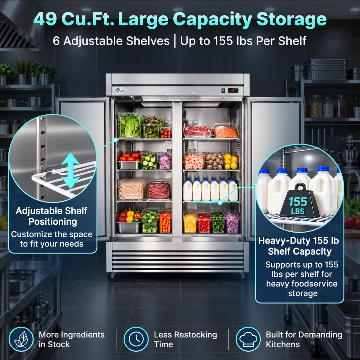 54" 2 Solid Doors Commercial Reach In  Stainless Steel Refrigerator ETL