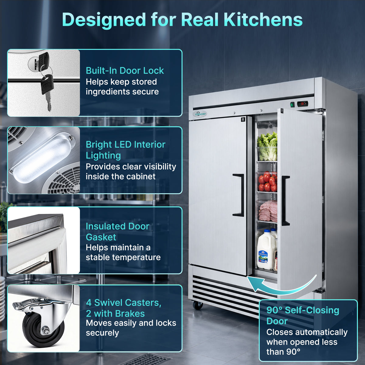 54" 2 Solid Doors Commercial Reach In  Stainless Steel Refrigerator ETL