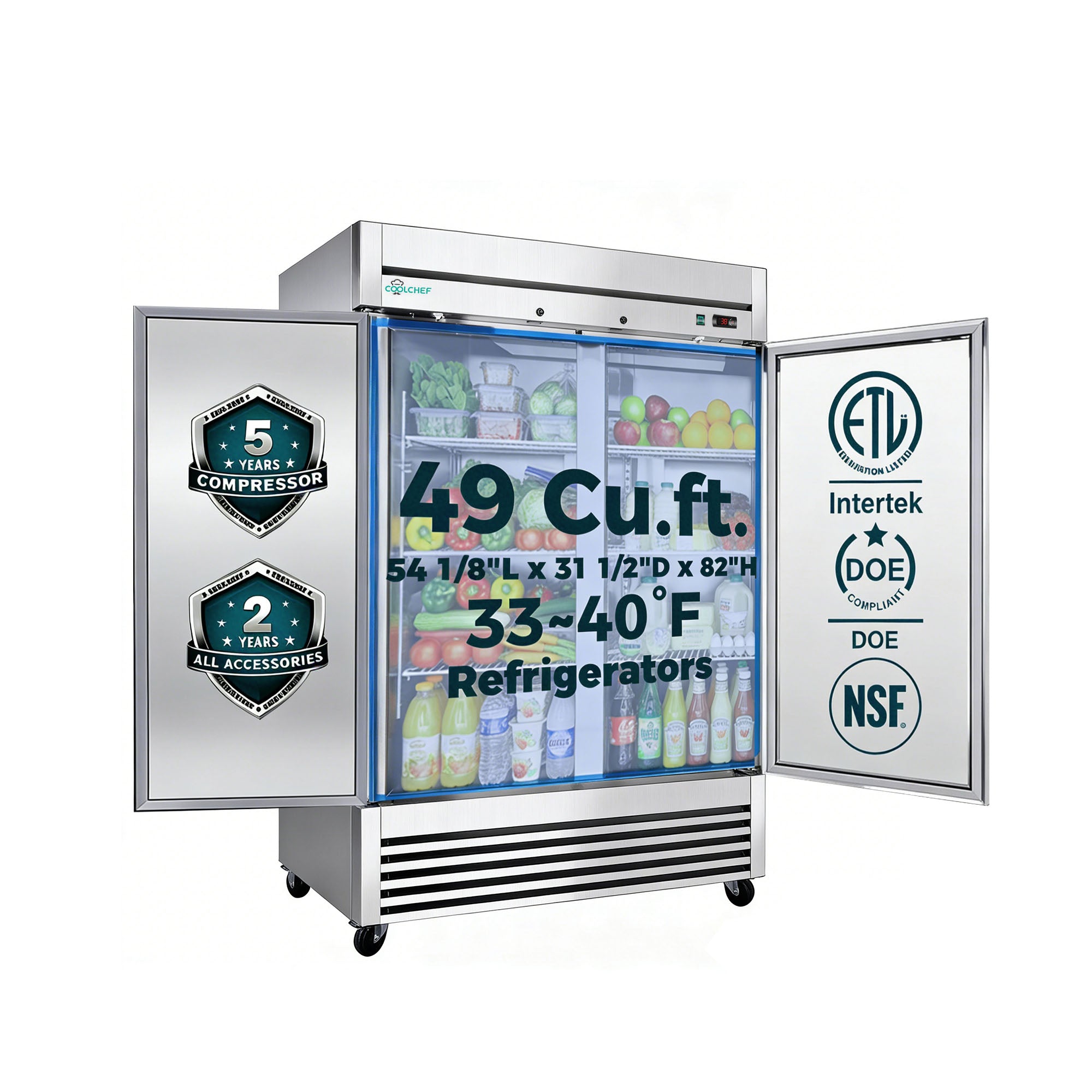 49 Cu Ft 2 Door Commercial Reach In Refrigerator ETL