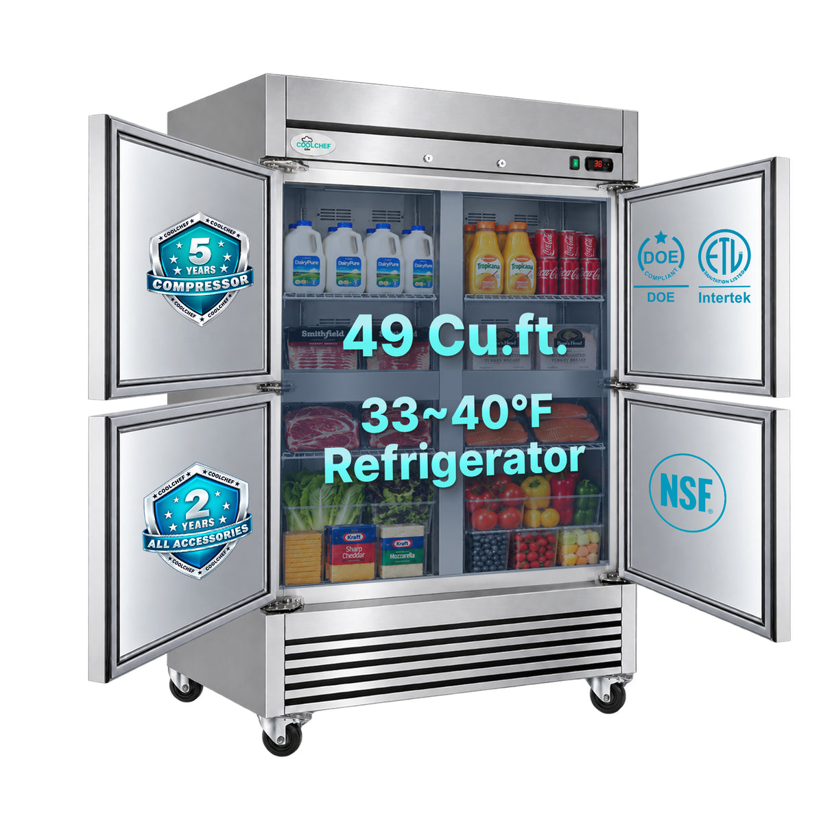54" 4 Half Door Commercial Reach-In Refrigerator ETL
