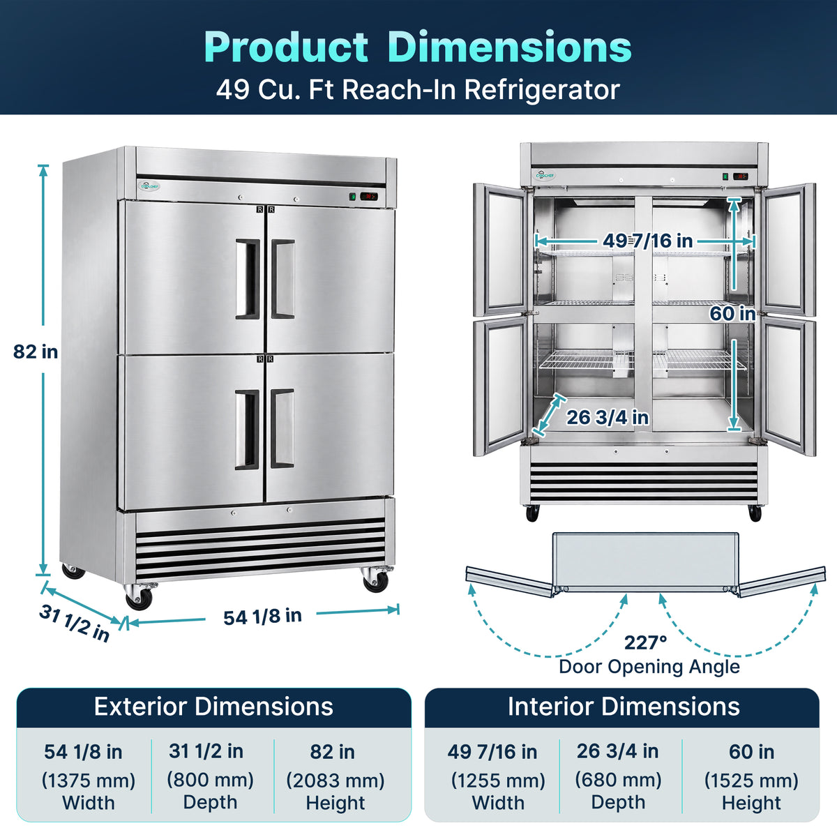 54" 4 Half Door Commercial Reach-In Refrigerator ETL