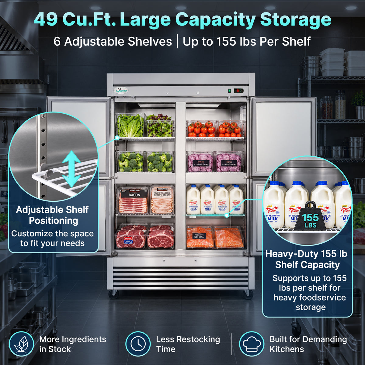 54" 4 Half Door Commercial Reach-In Refrigerator ETL