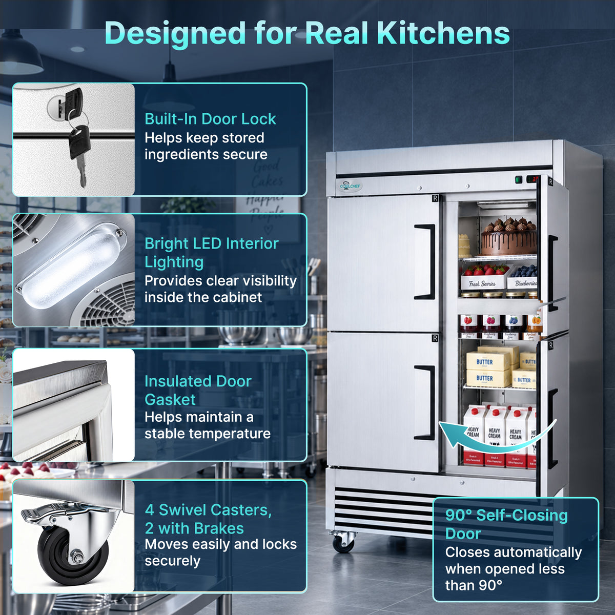54" 4 Half Door Commercial Reach-In Refrigerator ETL